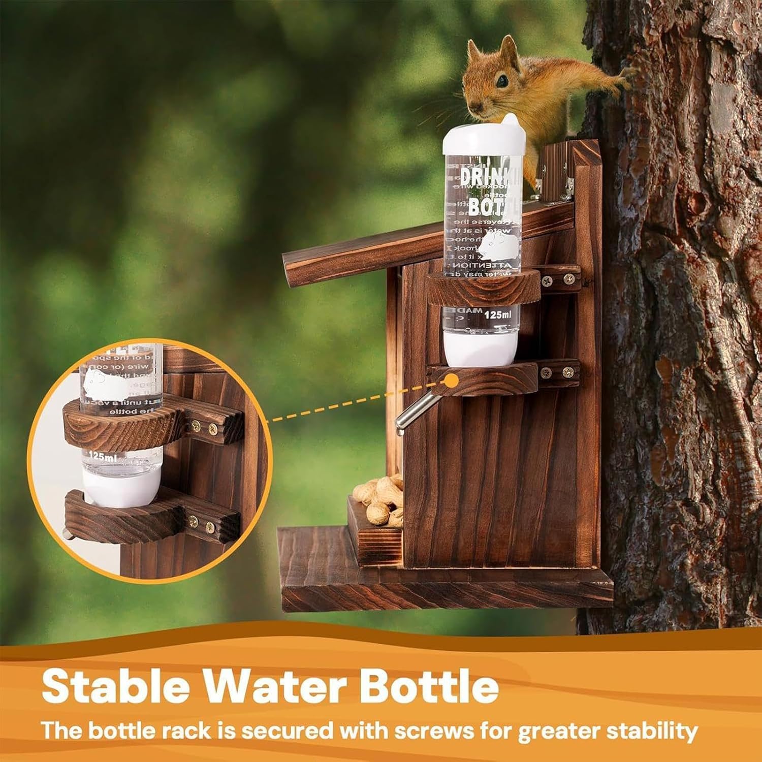 Squirrel Feeder House, Wooden Wall Mount Chipmunk Feeding Box with Water Bottle for Bird Food, Nuts, Corn Cob, Garden, Tree, Balcony, Backyard, Outdoor