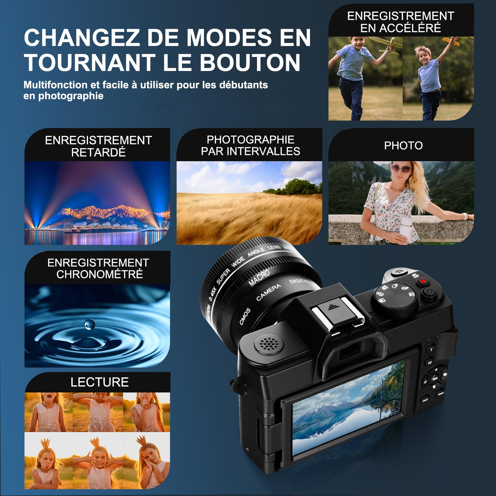 NBD Appareil Photo numérique 4K 48 MP autofocus avec Grand Angle et Macro, Zoom 16x, Carte 32 Go et Microphone, Écran IPS 3" 180°, WiFi (Noir)