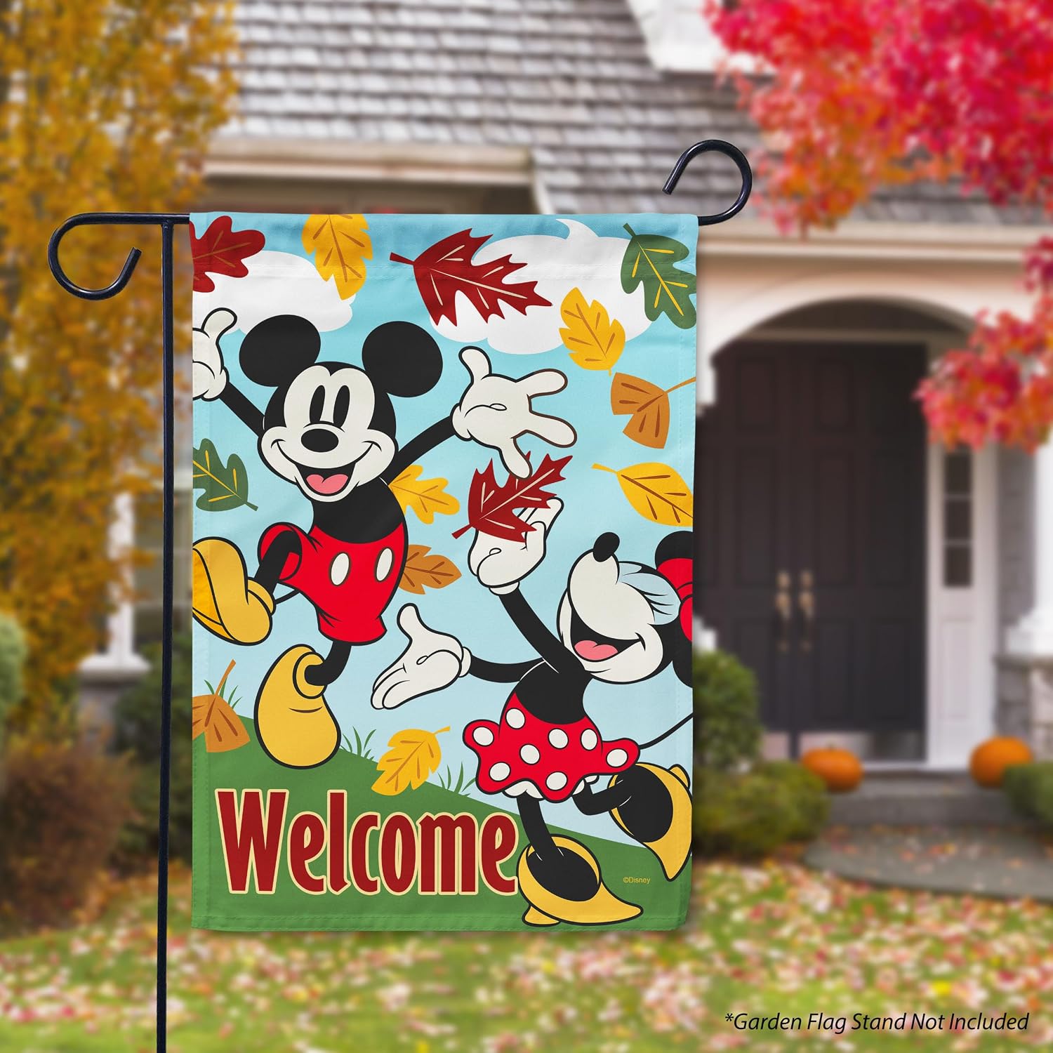 Flagology, Disney Happy Fall Leaves Mickey and Minnie – Garden Flag 12" x 18", Outdoor Flag, Exclusive Premium Fabric, Officially Licensed Disney, Fall, Autumn