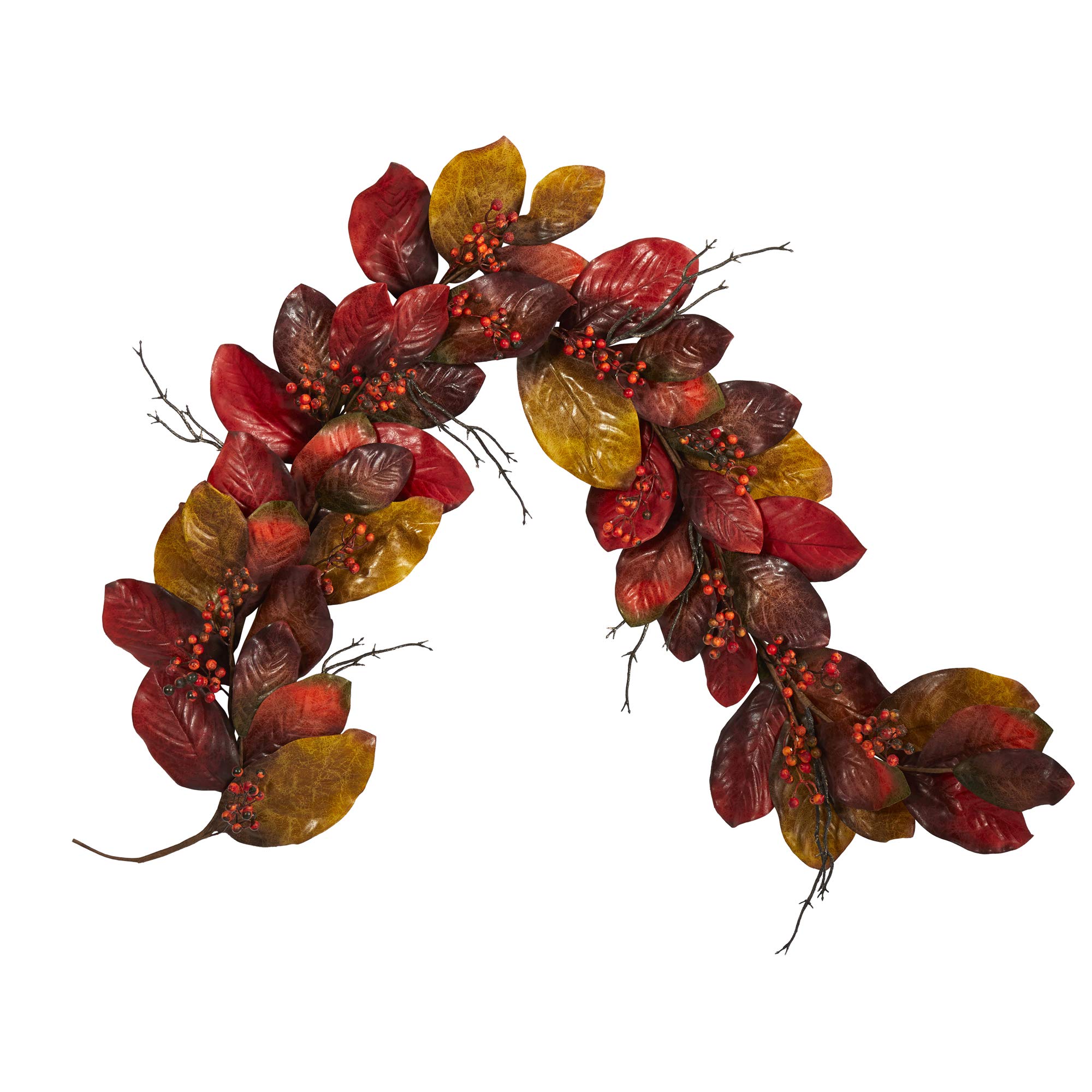 Nearly Natural 6ft. Autumn Magnolia Leaf with Berries Artificial Garland, Orange