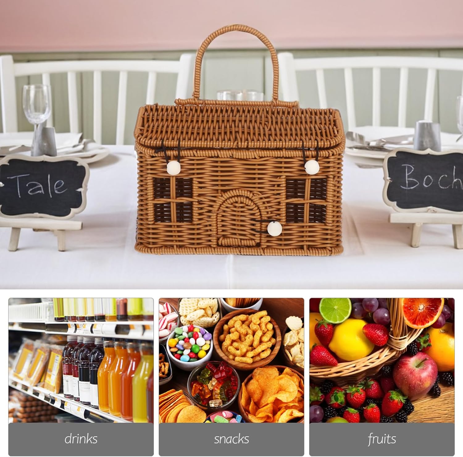 TOYANDONA Woven Picnic Basket Lid Storage Organizer for Food and Sundries Charming Retro Design for Outdoor Activities and Home Decor Lightweight and Portable