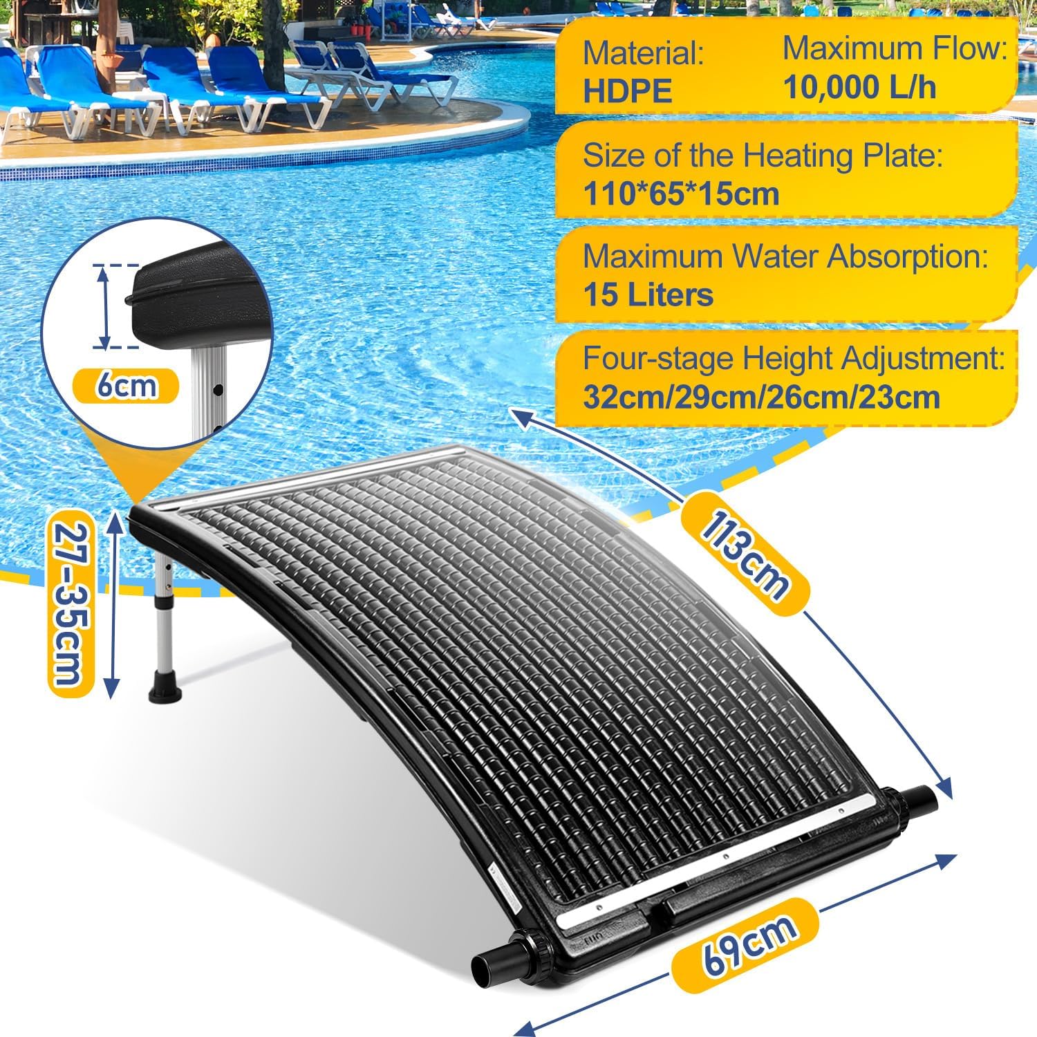 2026 Upgraded Solar Pool Heater, with Height-Adjustable Support Feet, Four-Stage Adjustment for Above-Ground and Inground Pools, Includes 2 Adapters, 2 Hoses & Clamps, 2 Plumber Tapes