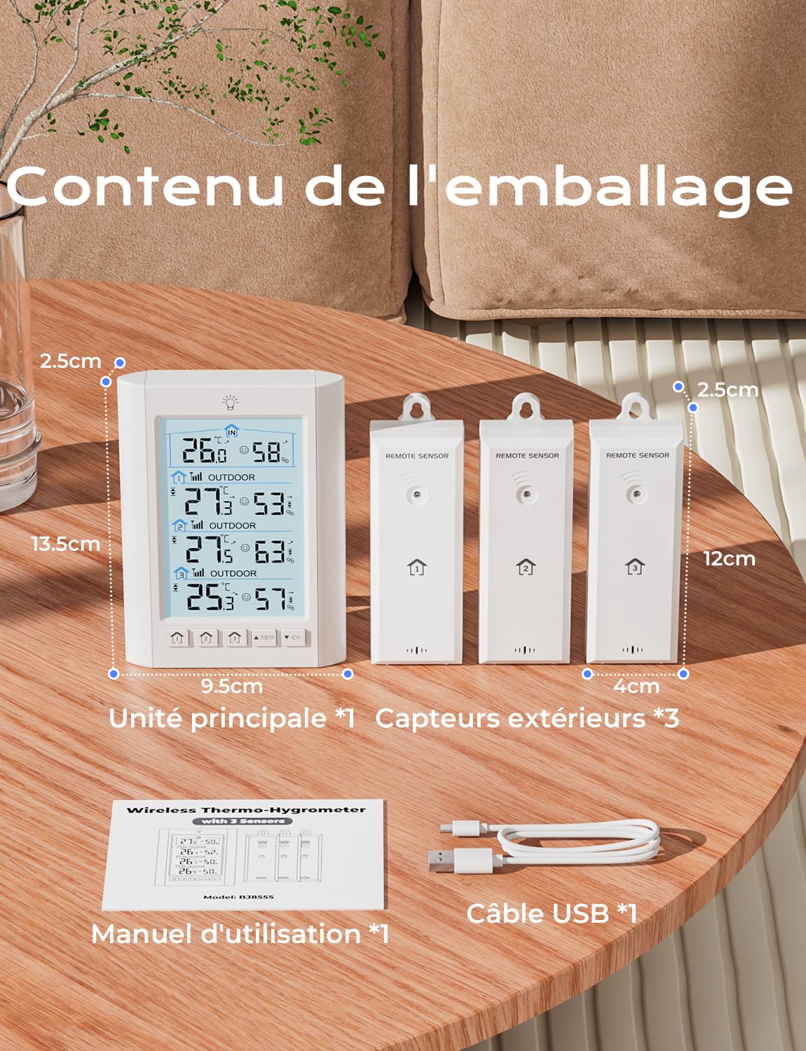 Station Meteo Interieur Exterieur Sans Fil LIORQUE Thermometre Hygrometre avec 3 capteurs LCD Portee Transmission 100m
