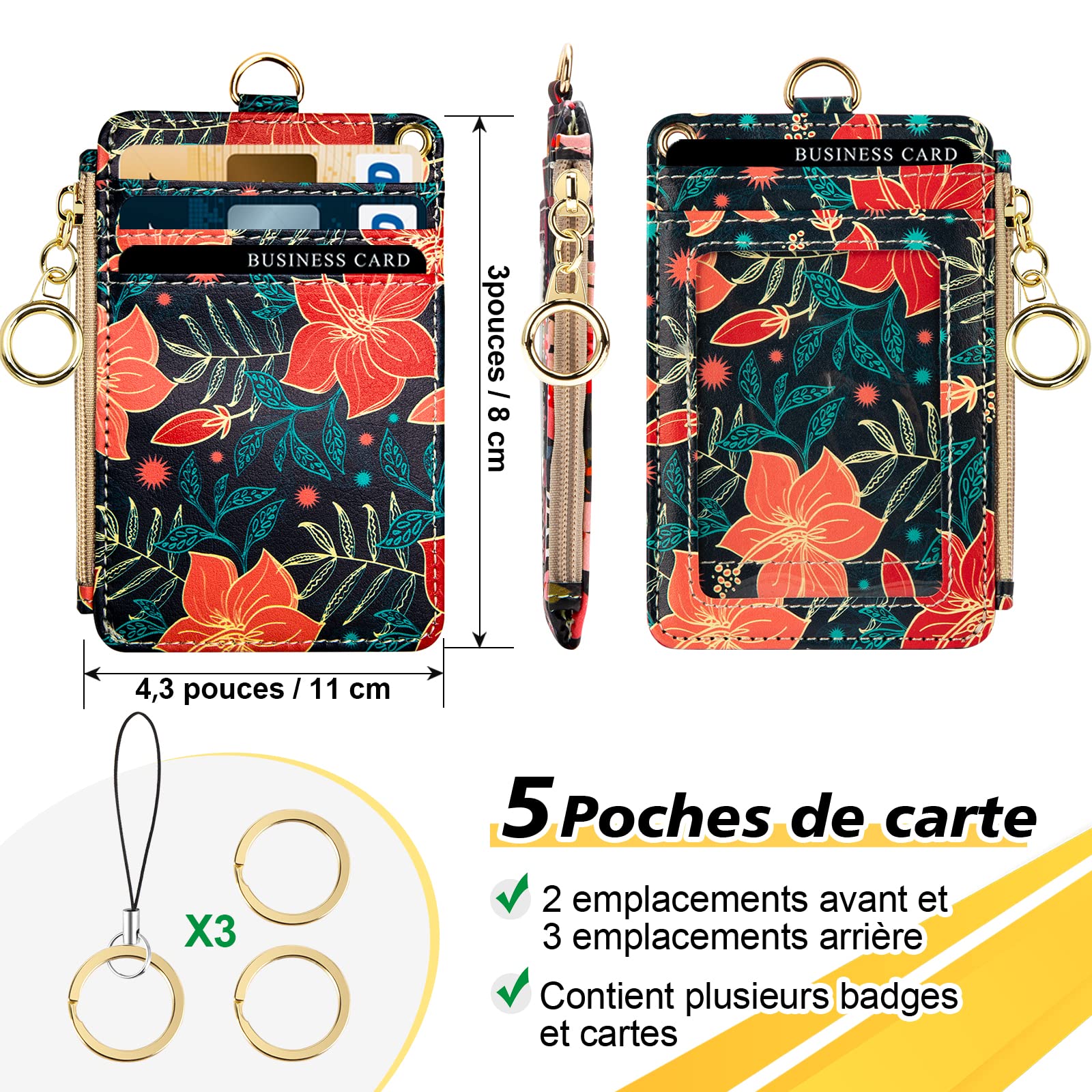 Badge Holder Neck Strap PU Leather Badge Holder with Zipper Pocket for ID Card Student Card, Bus Card (Red Flower) - Image 3