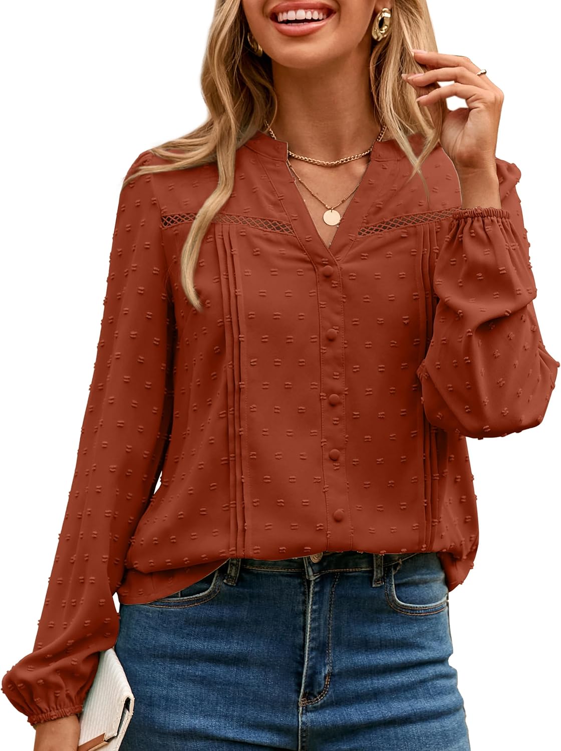 Simplee Womens Long Sleeve Blouses Dressy Casual Fall V Neck Trendy Tops 2025 Swiss Dot Shirts Button Work Fashion Clothes