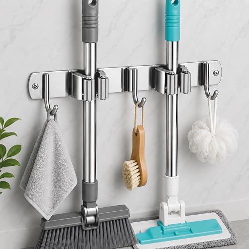 JIALTO Broom Holder | 2 Mop Stand with 3 Hook Broom Stick Holder Wall Mounted | Heavy Duty Broom Holder Wall Mounted Or Tool Organizer (Silver)