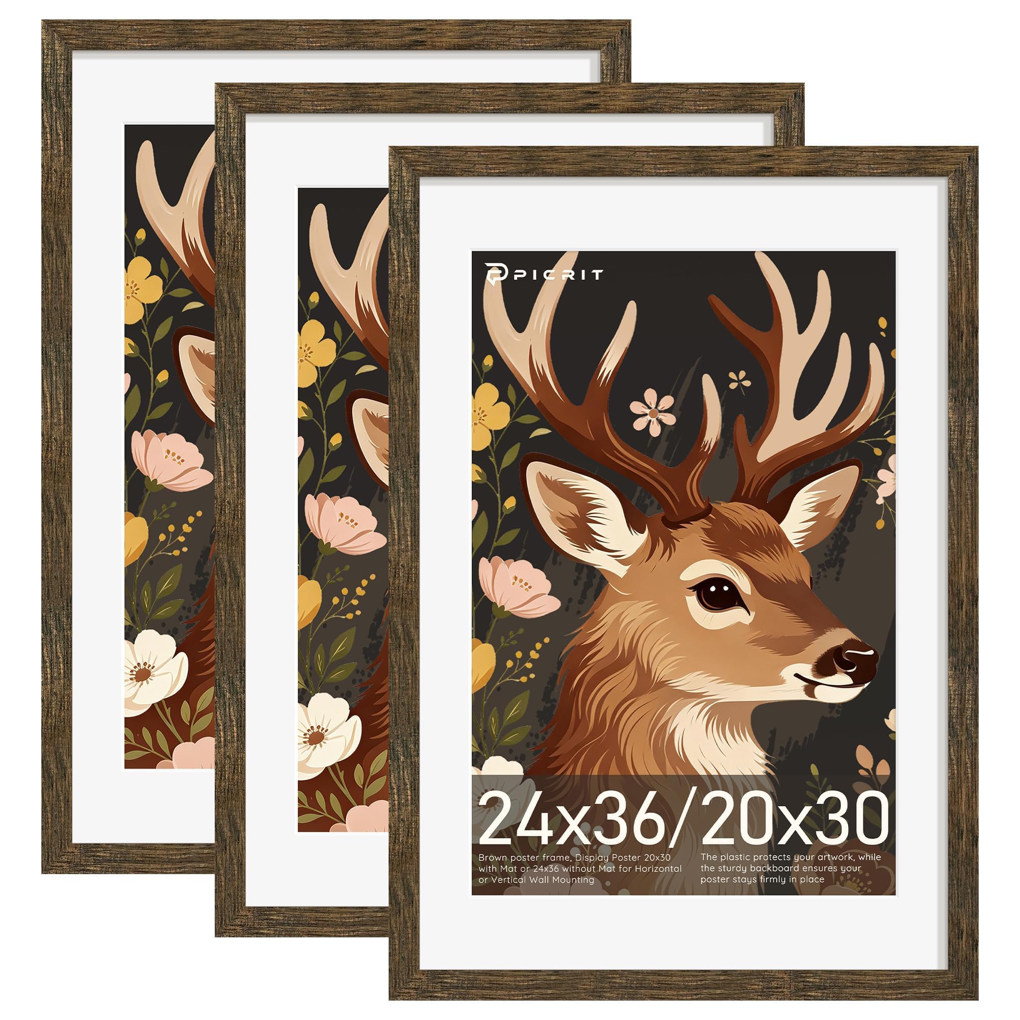 Picrit 24x36 Rustic Brown Poster Frame, Picture Frame for Wall, 3 Pack
