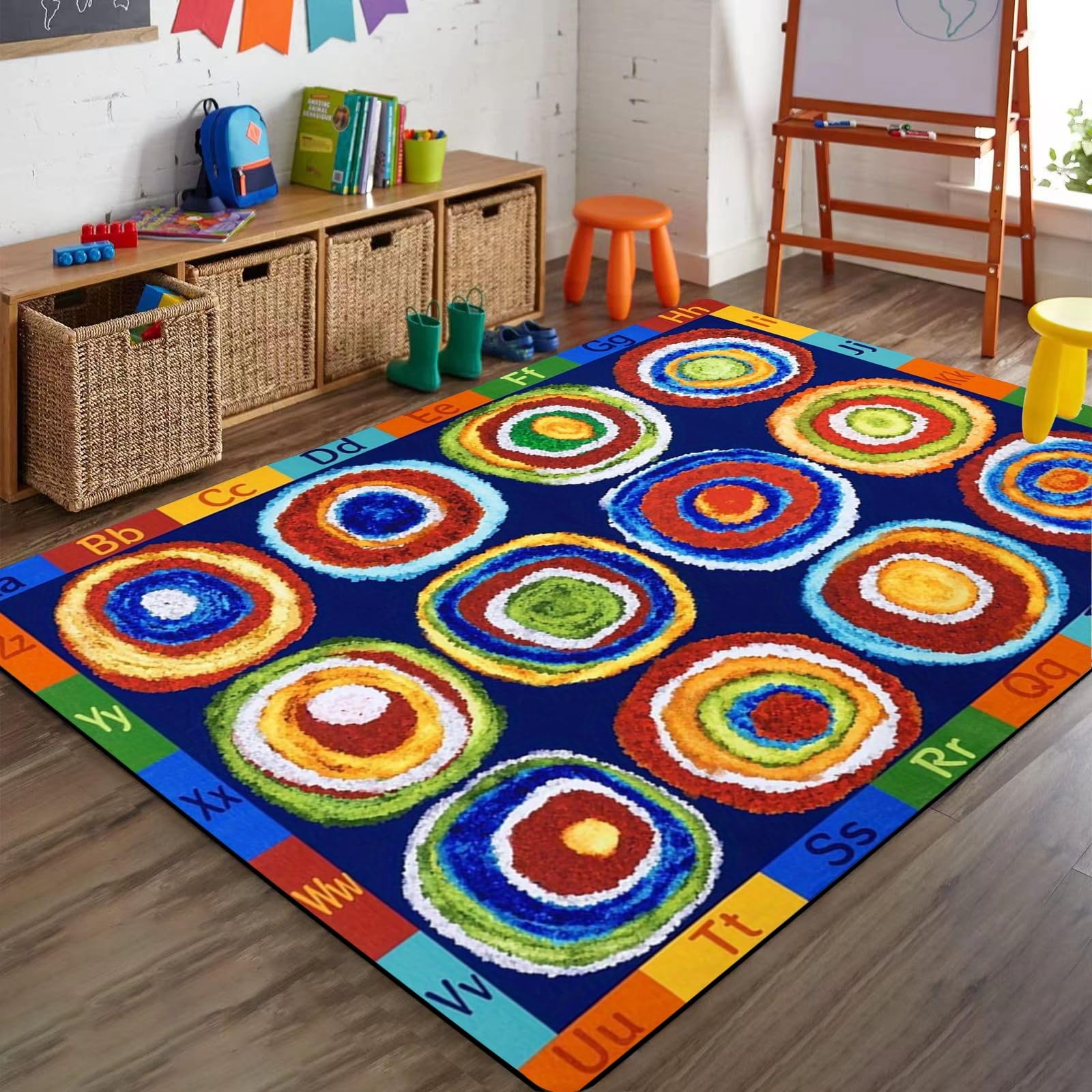 Bycmuoz ABC Alphabet Educational Classroom Rug, 180x230cm, 12 Circle Seats Rainbow Abc Kids Rugs, Playroom Learning Cozy Low Pile Floor Mat, Foldable Soft Cozy Washable Carpet for Kindergarten