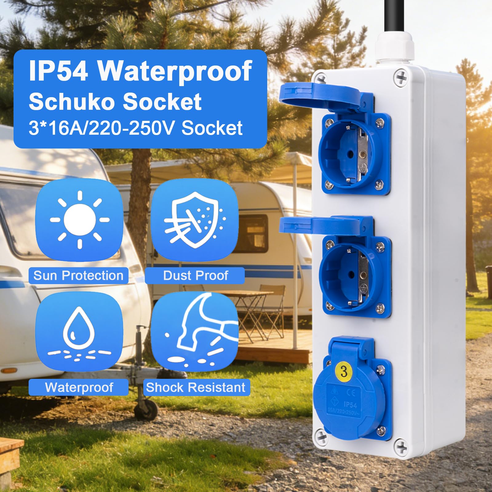 Adaptateur CEE 380 V vers 220 V – Adaptateur courant fort 5 broches 32 A Fiche CEE – Répartiteur IP54 avec 3 prises Schuko 16 A – Boîte à fusibles IP65 avec 3 disjoncteurs 16 A – Câble