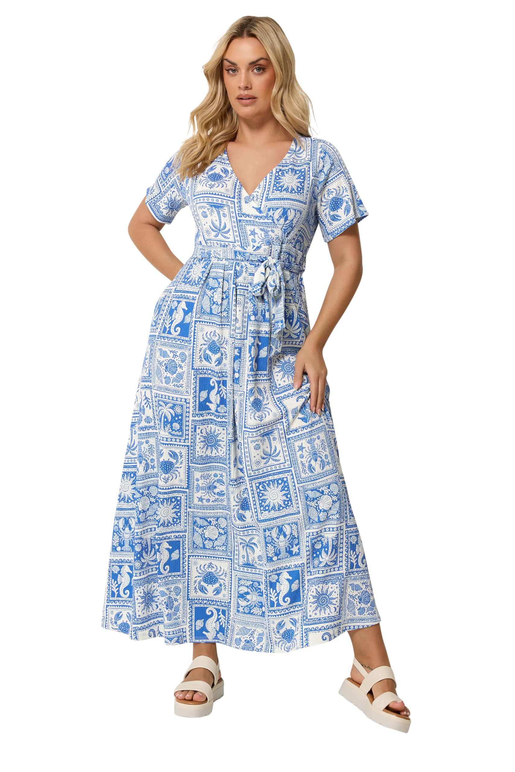 Yours Women's Light Blue Palm Tree Wrap Front Dress In | : Size 20