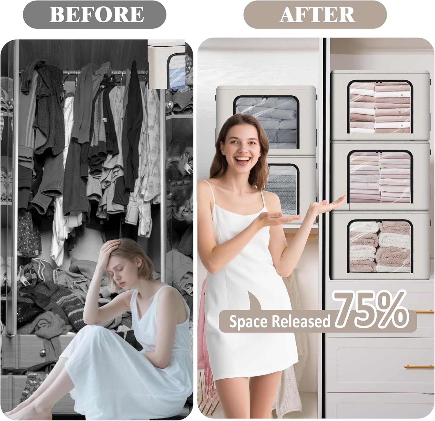 GuliPostan 3 Pack 40L Stackable Clothes Storage Bins with Metal Frame Handles & Zipper, Collapsible Closet Organizer Box with Lid for Bedding Blankets Towel (Beige)