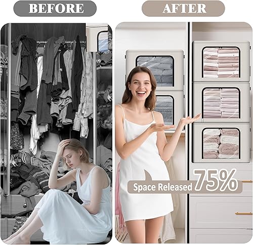 Miniatura 6 de Paquete de 3 contenedores apilables de almacenamiento de ropa de 40L con asas de marco de metal y cremallera, caja organizadora plegable con tapa