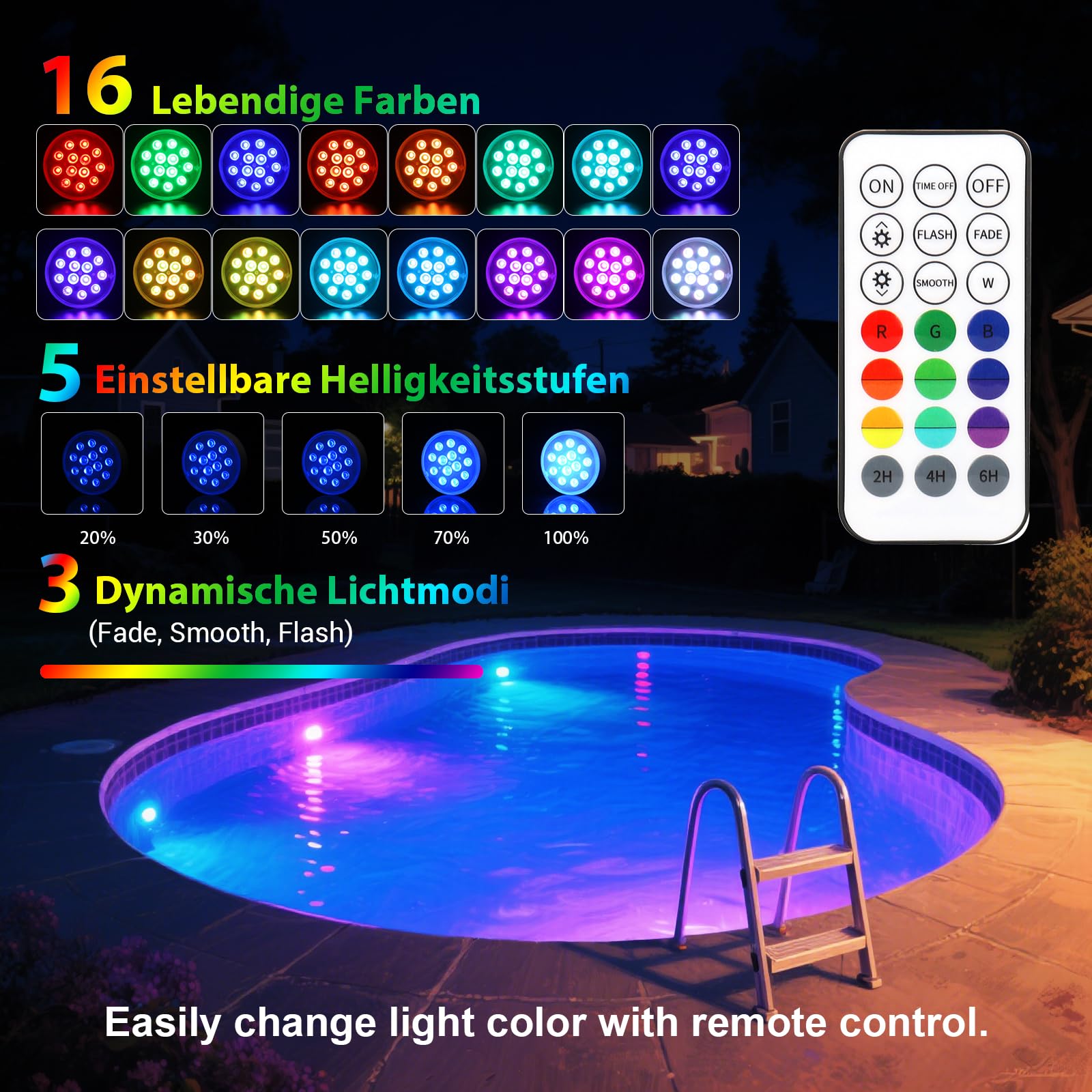 Czemo Unterwasser Licht Wiederaufladbar LED Poolbeleuchtung mit Magnet Poollicht mit Fernbedienung IP68 LED Wasserdicht für Pool Teich Aquarium Beleuchtung (Mehrfarbig-4 Stück)