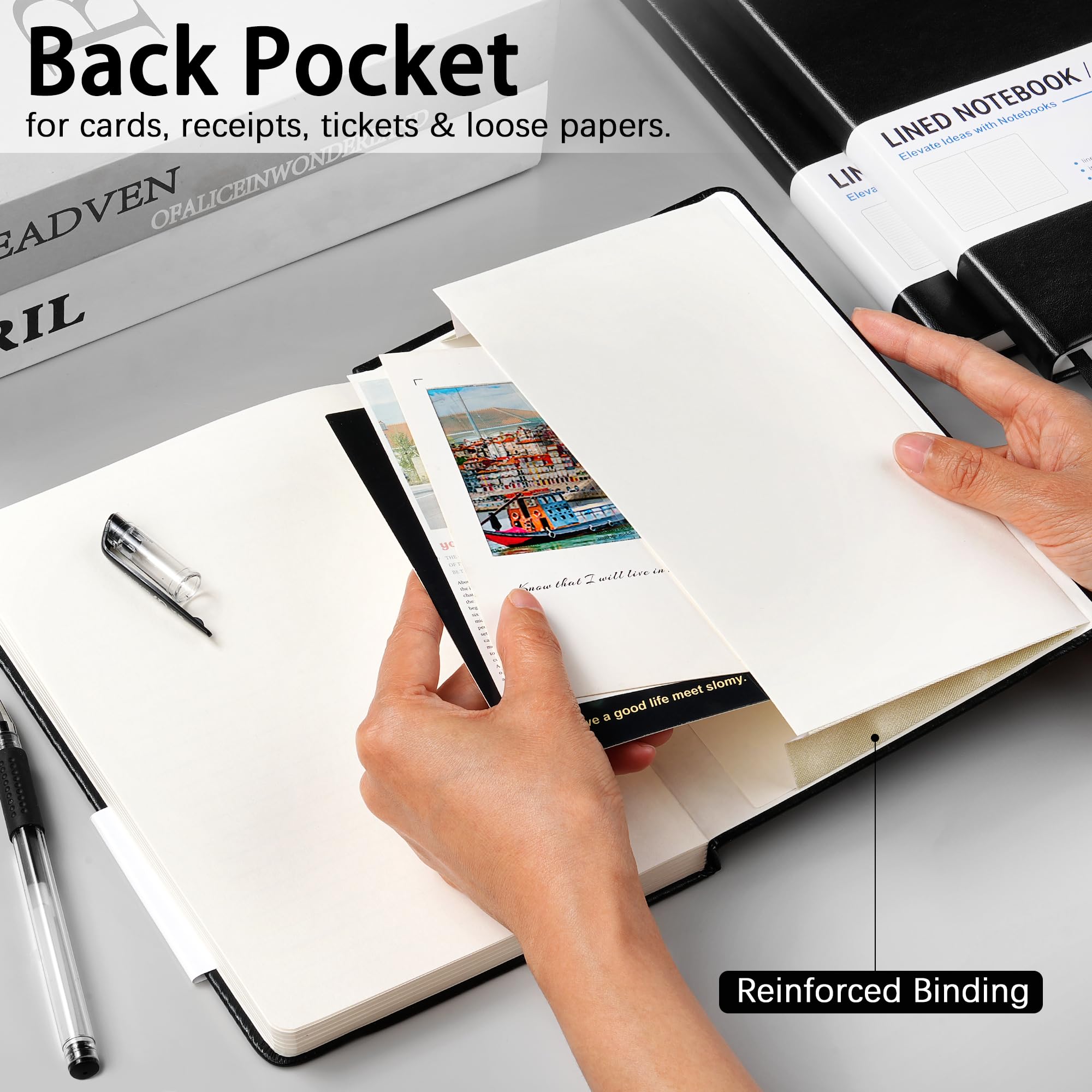 Dynta A5 liniertes Tagebuch, 6 Stück, schwarzes PU-Leder, Hardcover-Notizbuch, 100 g/m² dickes Papier, 200 Seiten (100 Blatt), Büro, Arbeit, Business, Notizbuch mit Inhaltsverzeichnis und Rückentasche