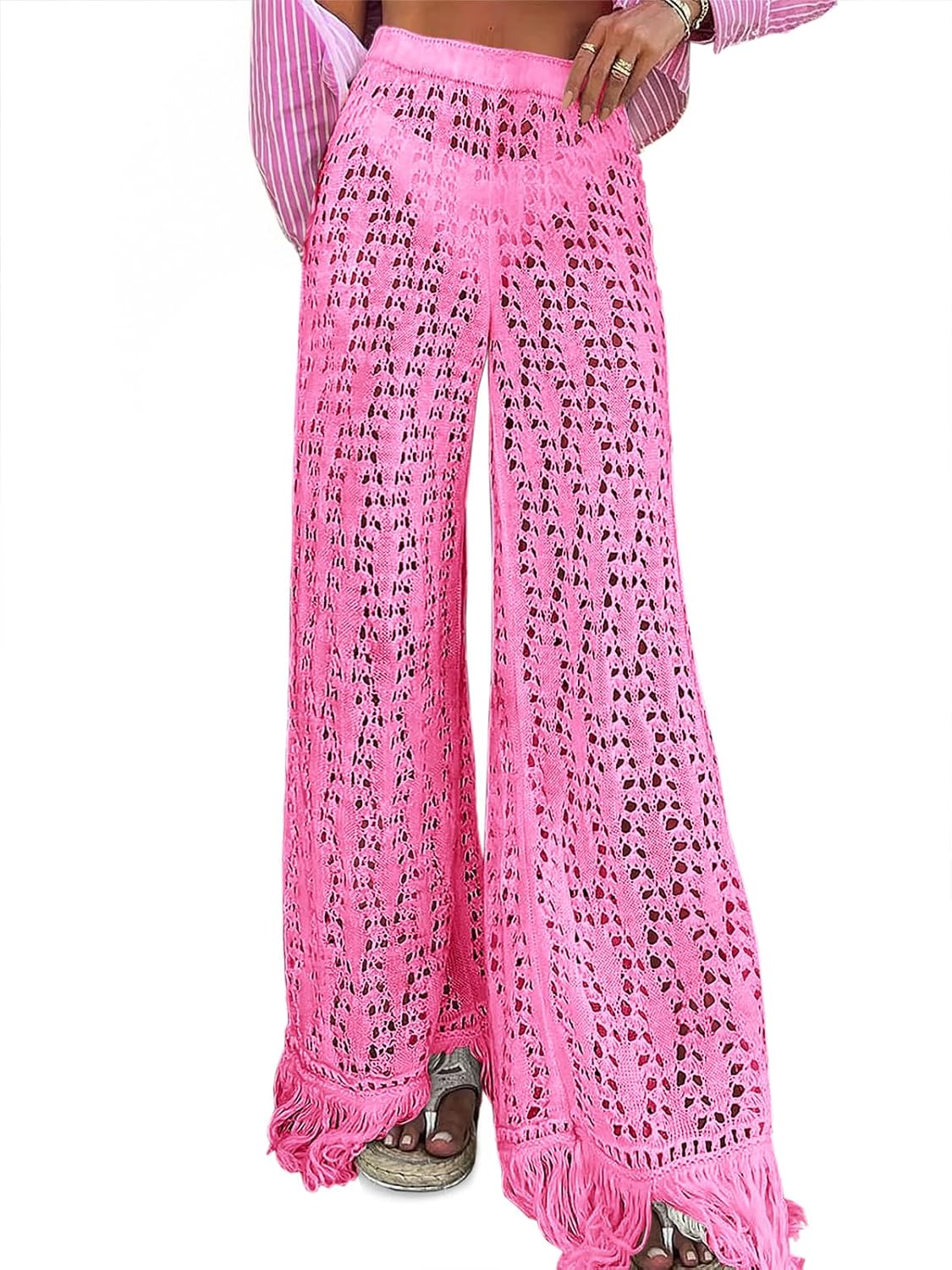 Fisoew Womens Crochet Cover Up Pants Casual Wide Leg High Waisted Hollow Out Tassel Summer Beach Mesh Bathing Suit Pants