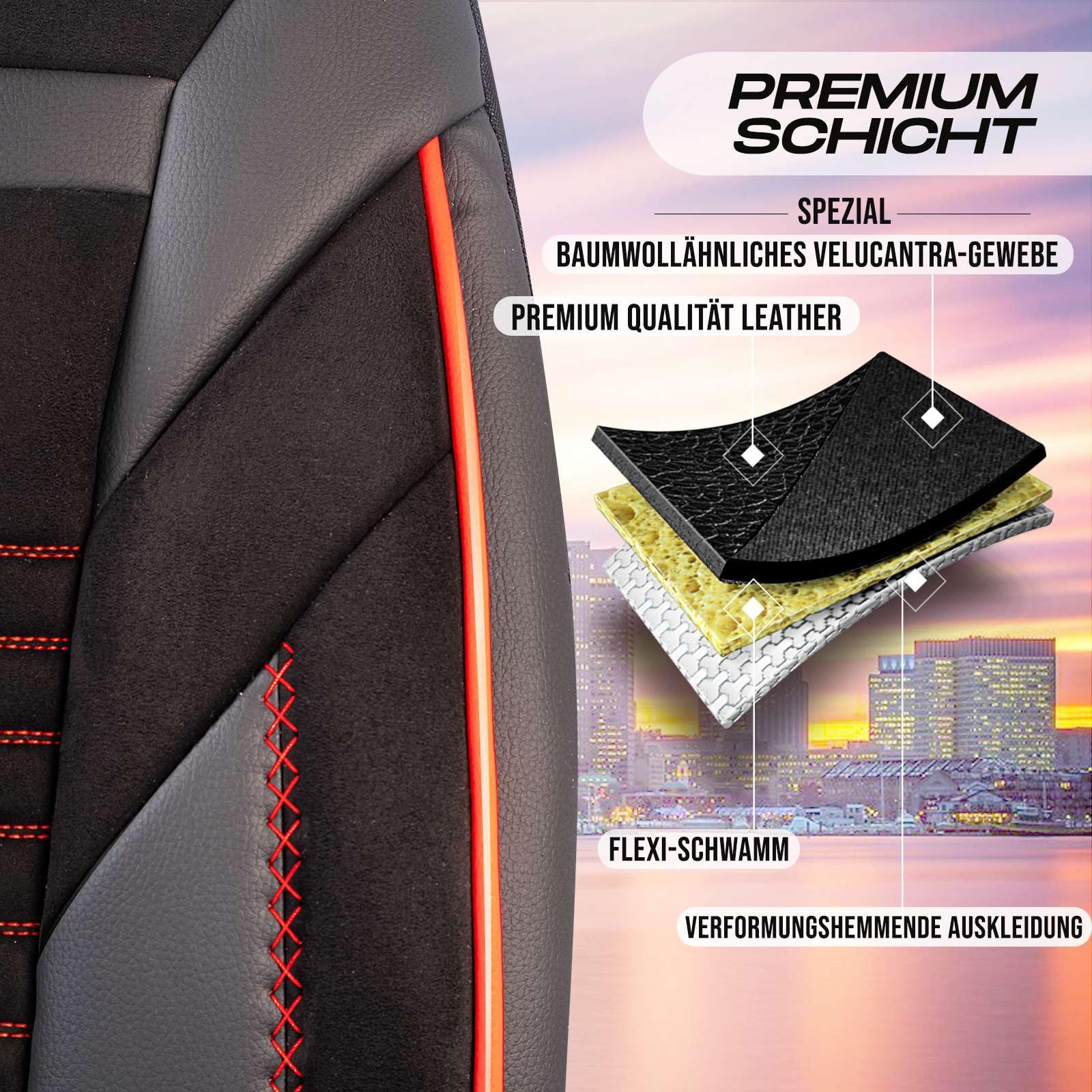 Autositzbezüge Universal für PKW & SUV – Premium Vordersitze Auto Sitzbezug aus Velours, Schwarz-Rot, Airbag-Kompatibel Sitzauflage, Autoschonbezug, Vordersitz-Set inkl. Montageset