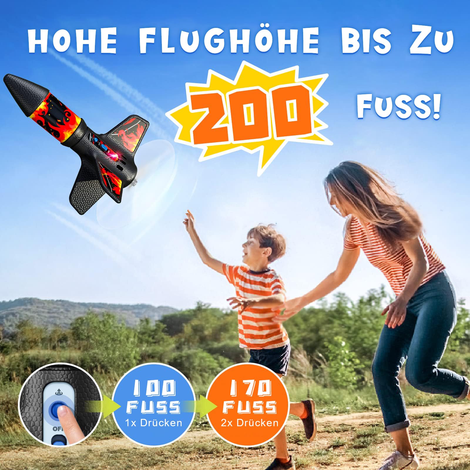 Rocket Launcher for Kids with Parachute LED Light, Flight Altitude 200 Feet, Rechargeable Self-Launching Rocket Launch for Ages 8 to14 Gift for Kid Girl and Boys Red