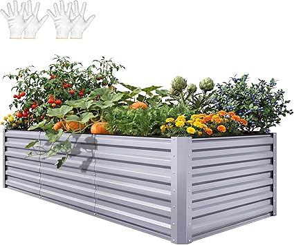 YITAHOME 96x48x24 in Galvanized Raised Garden Bed Kit, Large Metal Planter Box with Gloves, Safety Rubber & Support Rod, Outdoor Flower Bed for Plants Vegetables, Silver