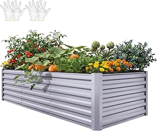 YITAHOME 96x48x24 in Galvanized Raised Garden Bed Kit, Large Metal Planter Box with Gloves, Safety Rubber & Support Rod, Outdoor Flower Bed for Plants Vegetables, Silver