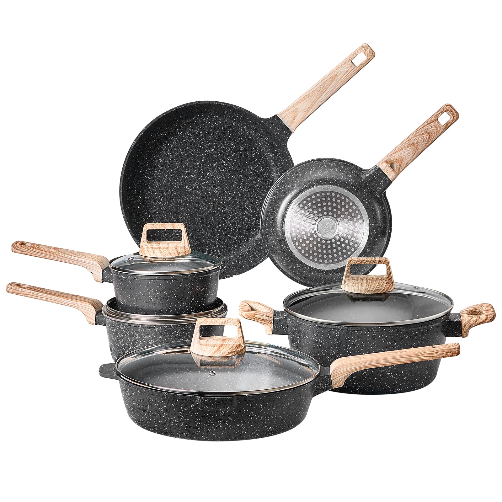 VEVOR Set di Pentole, Padelle Antiaderenti in Granito con Manico, Set di Pentole a Induzione da Cucina per Camper, con Frittura, Coperchi in Vetro Temperato, Nero 17 Pezzi