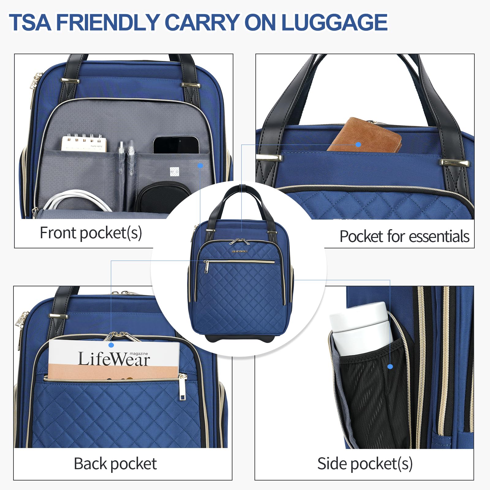 EMPSIGN Unterflur-Trolley–40 cm (16 Zoll) Handgepäckkoffer mit Rollen, multifunktional,leicht,ideal als Wochenend- oder Reisekoffer,klein, für Damen und Herren, Farbe: Haze Blue-Gold Zipper