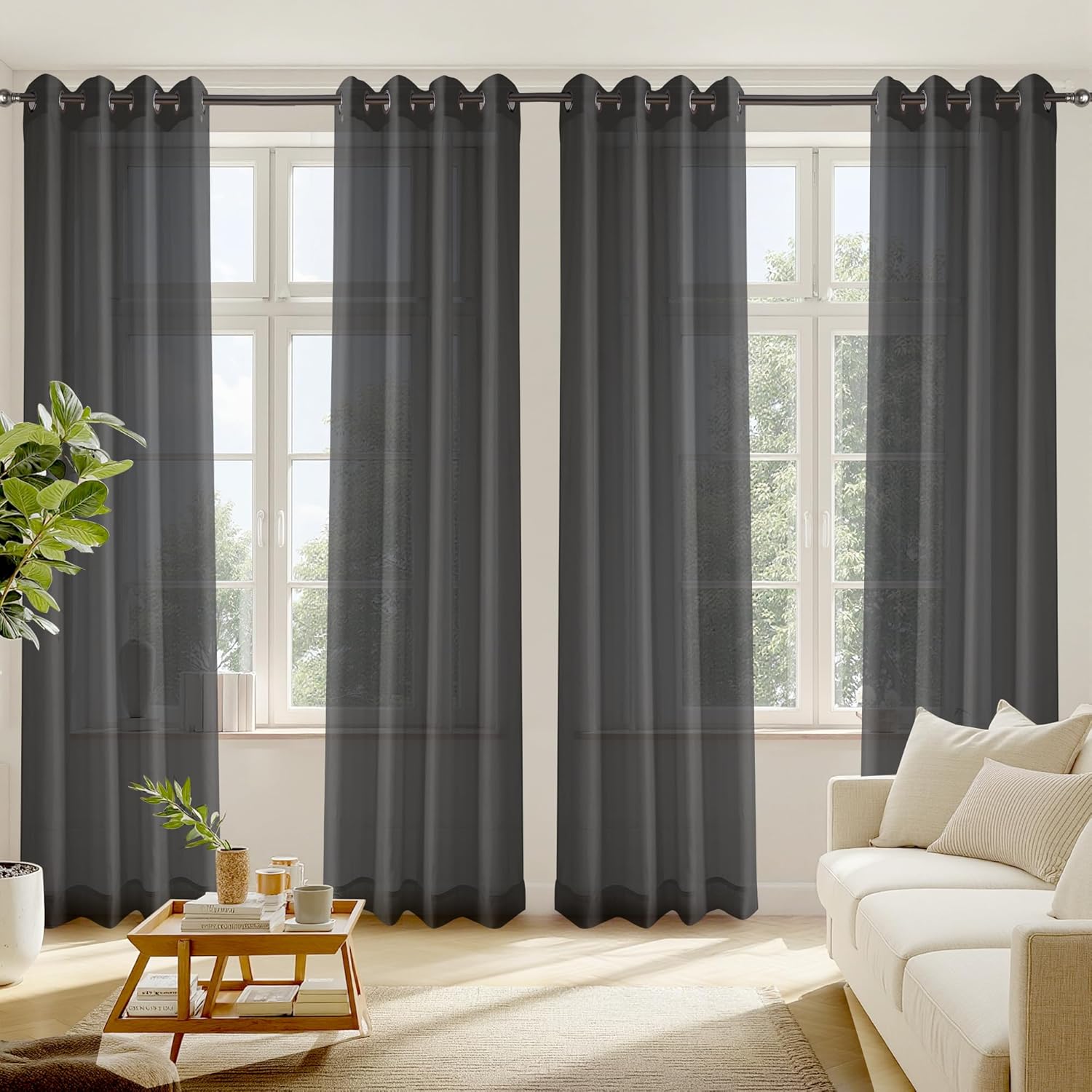 RYB HOME Black Sheer Curtains 90 Inches Long for Living Room, Light Filtering Grommet Top Solid Color Sheer Window Panels, Lightweight Elegant Curtains for Bedroom, Office, W54 x L90, 4 Pieces