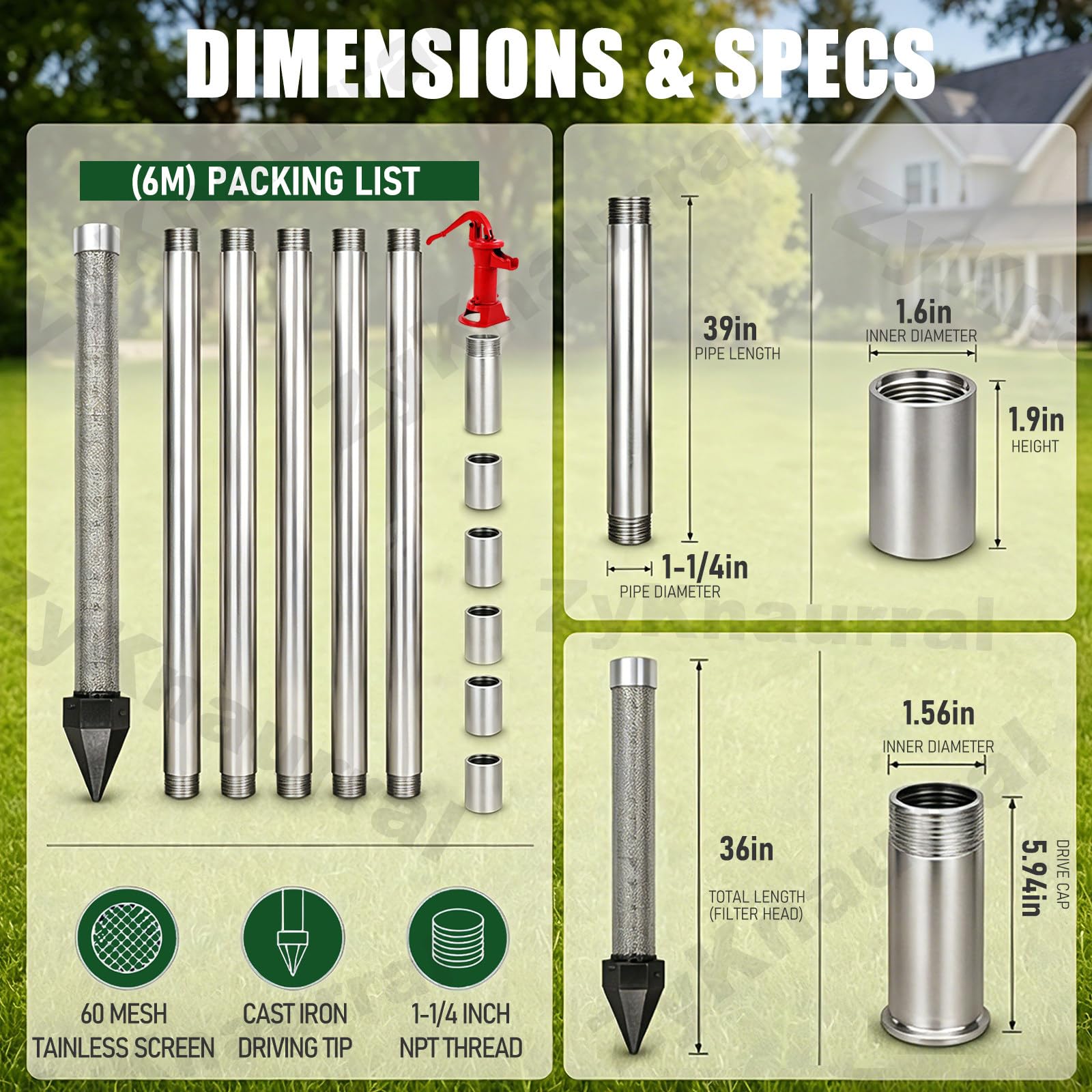 Approvisionnement en Eau D’Urgence : Kit Pointe à Frapper Filtrante pour Jardin, Tamis Filtrant, 1-1/4" NPT, Forage Manuel pour L’autosuffisance en Période De Sécheresse 6M-WithWaterPump