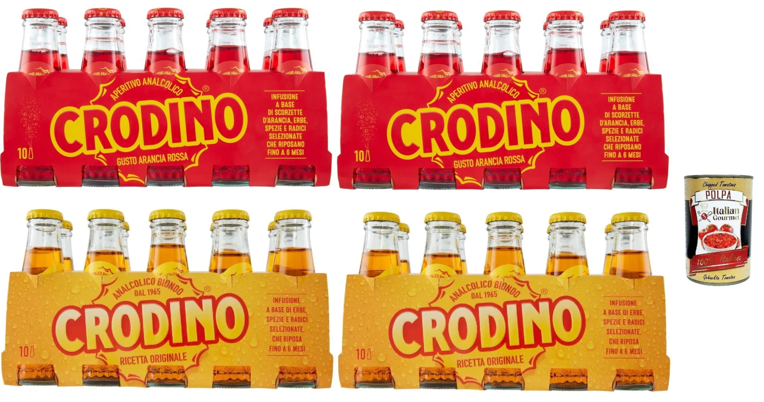 Crodino Mix Biondo & Rosso 0,0% 4× (10×100 ml) 40 Flaschen (4 L) alkoholfreier Bitter-Aperitif aus Kräuter & Gewürzinfusion, prickelnd & fruchtig, ideal mit Orange, Party & Bar + Italian Gourmet polpa
