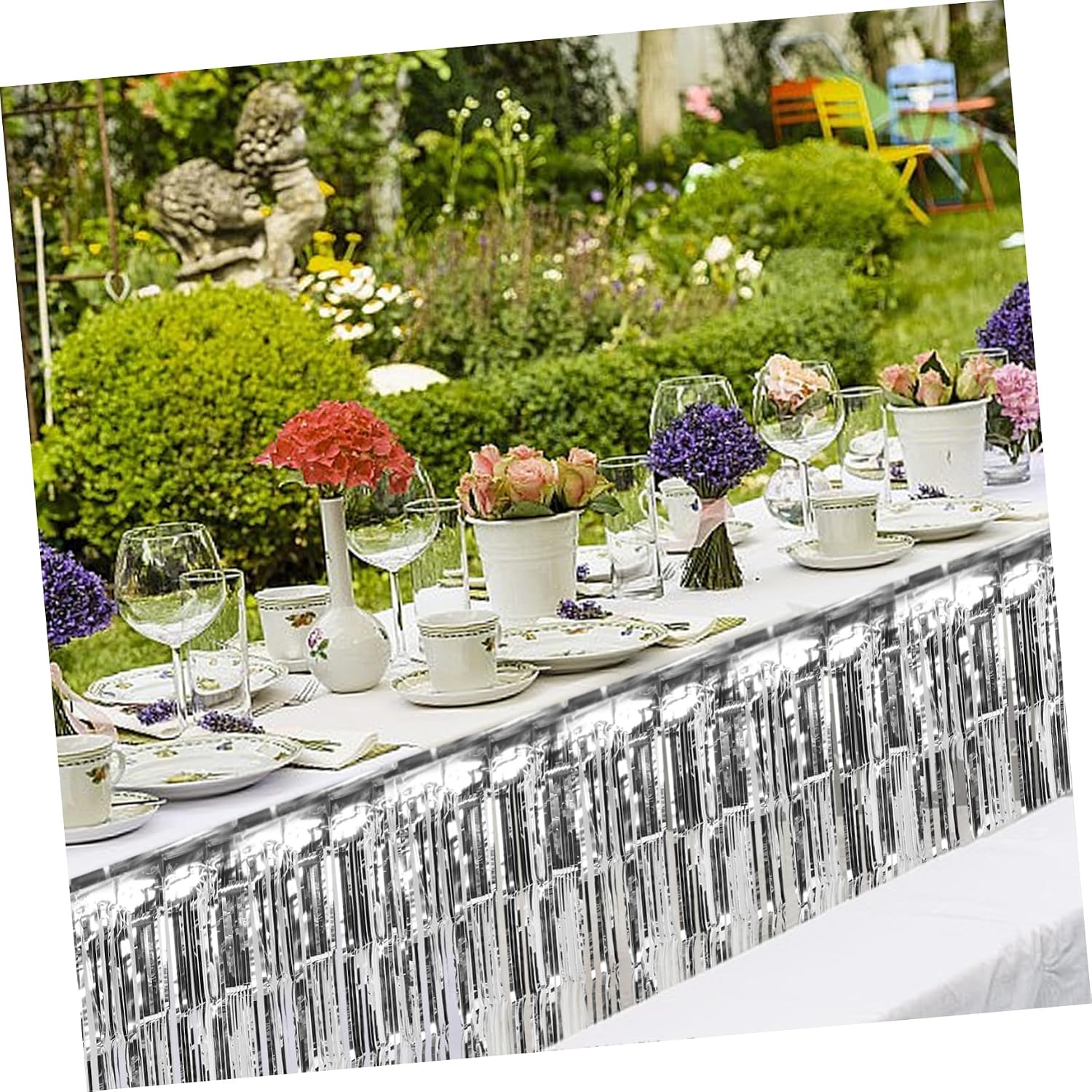 Silver Metallic Tinsel Table Skirt Tablecovers, Xmas Halloween Season