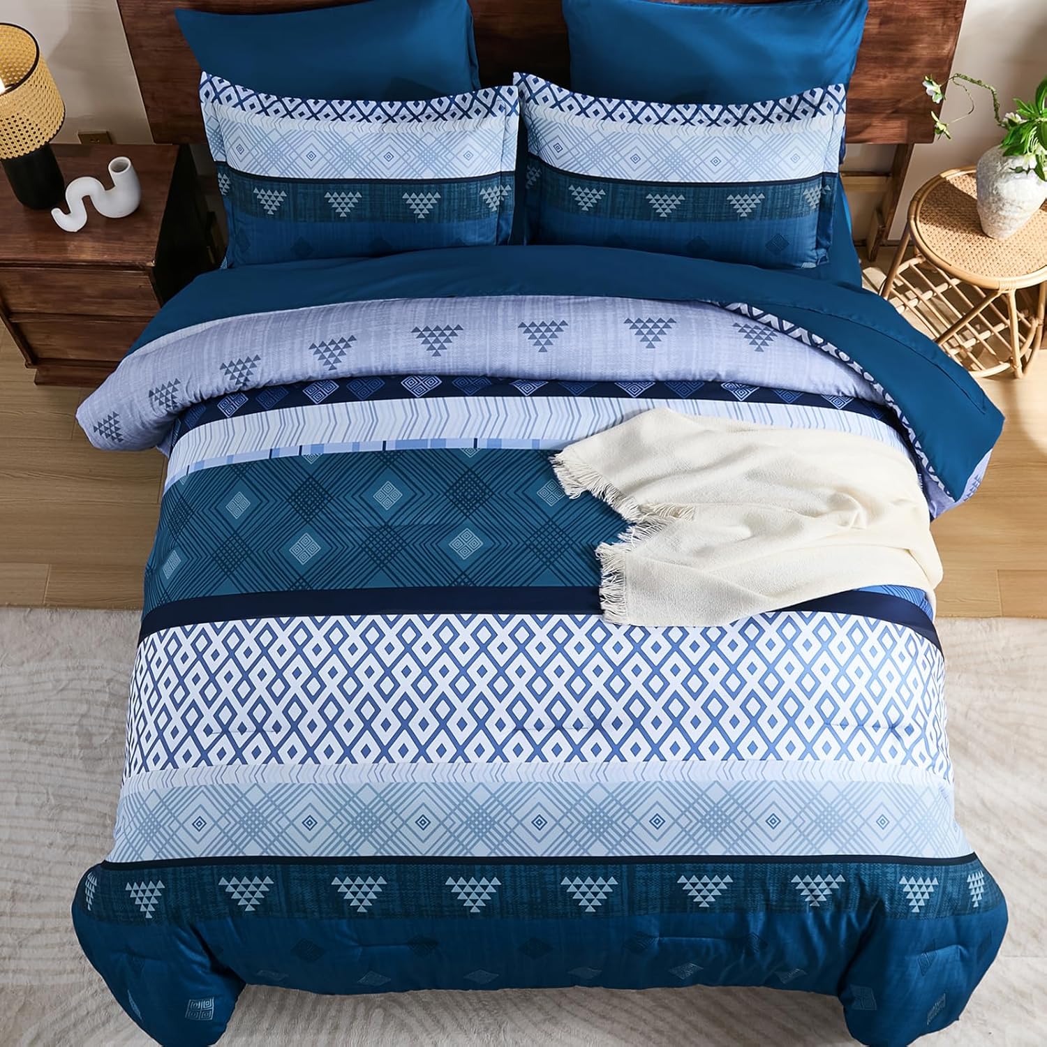Xruibed Blue King Comforter Set 7 Pieces, Blue Boho Striped Bed in a Bag King Size Soft Microfiber All Season Bedding Set with Comforter, Sheets, Pillowcases & Shams(104"×90")