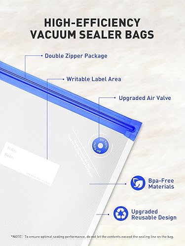 Miniatura 6 de 60 bolsas reutilizables selladoras al vacío para alimentos, 3 tamaños, bolsas de almacenamiento al vacío sin BPA con clips de sellado y diseño a