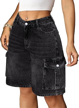 Eddoyee Baggy Bermuda Cargo Jorts for Women Y2K Long Knee Length Stretchy Denim Jean Shorts Casual Outfits with 6 Pockets
