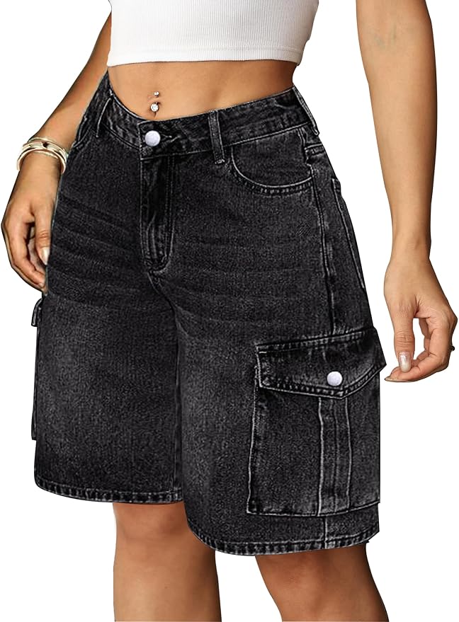 Eddoyee Baggy Bermuda Cargo Jorts for Women Y2K Long Knee Length Stretchy Denim Jean Shorts Casual Outfits with 6 Pockets