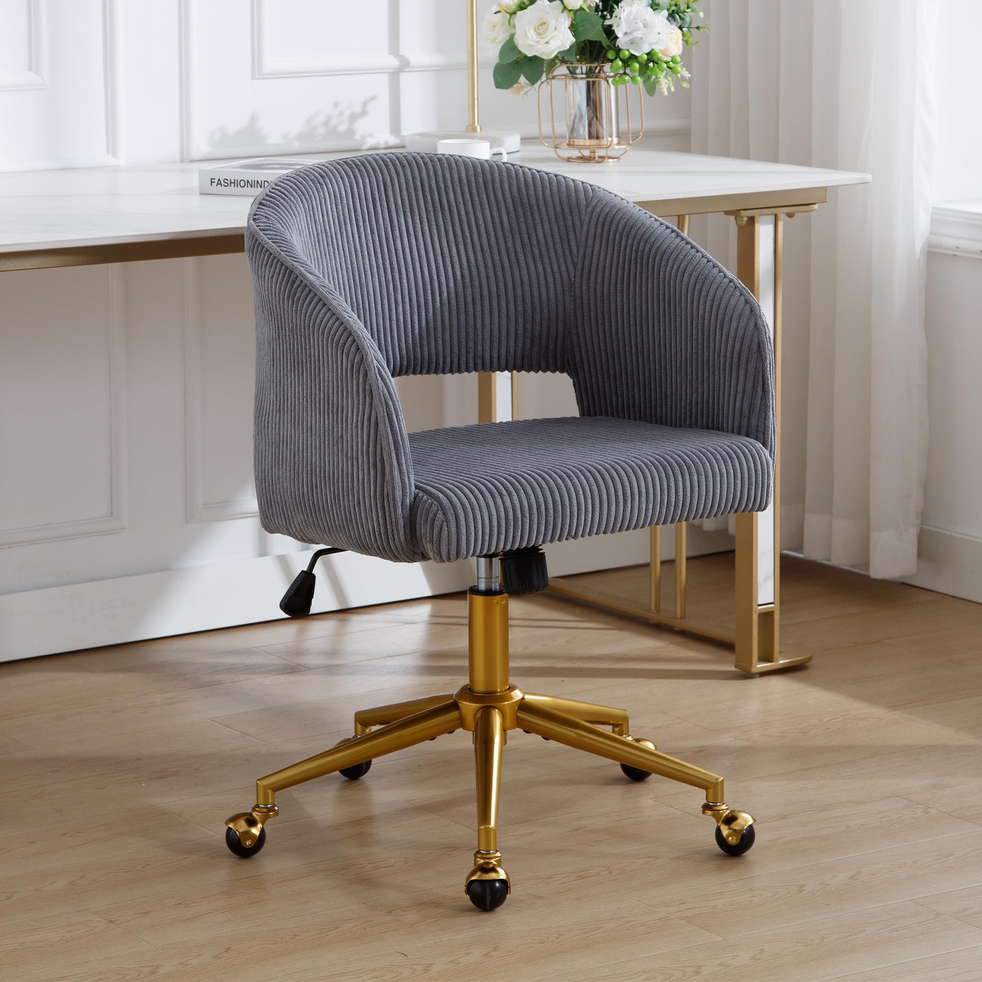 ABETDesk Chair with Wheels, Corduroy Home Office Chair, Swivel Armchair  Gold Base, Upholstered Modern Accent Chairs, Back Incline Adjustable for