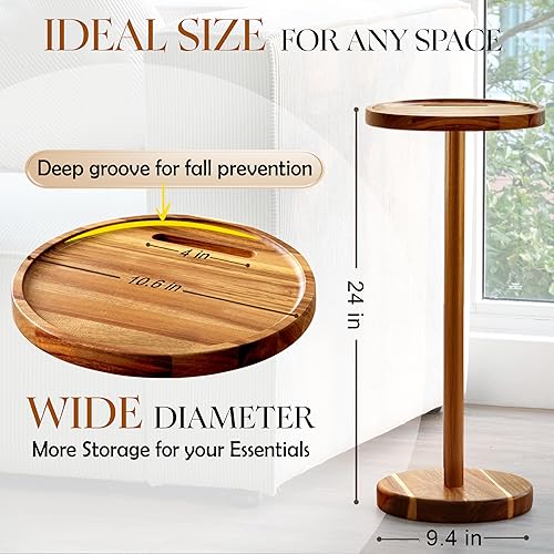 Miniatura 3 de Mesa de bebida  Mesa auxiliar de acacia con pedestal, mesa de Martini de 10.6 x 24 pulgadas con soporte para teléfono y puerto de carga, base pesada