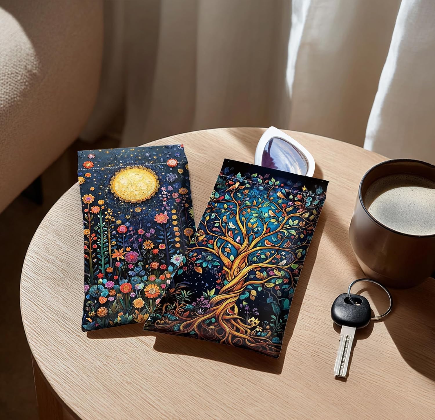 Eyeglasses Sunglasses Case PU Soft Squeeze Top Glasses Pouch for Women Floral Pattern Portable Anti Scratch