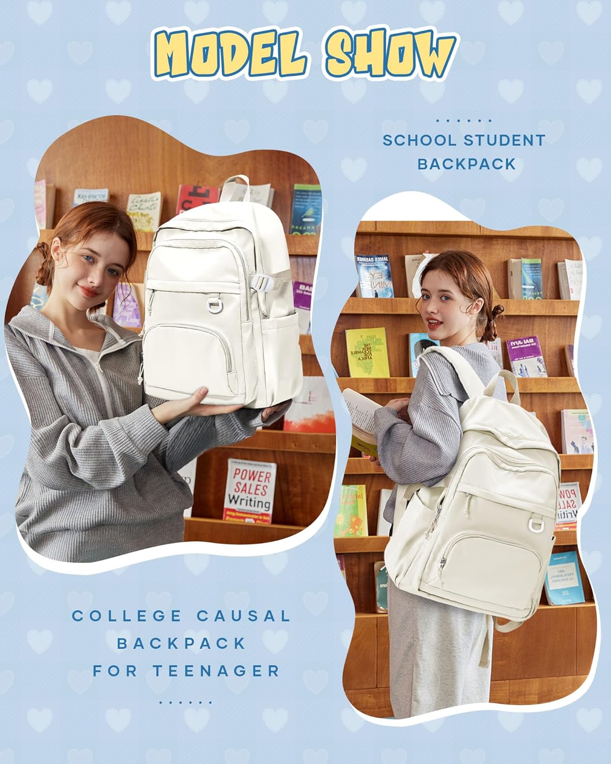 Lightweight Backpack for College & High School Backpack With Lots of Pockets Cute School Bag for Girls Boys, Large Capacity Bookbag for Women Men, Waterproof Teens Casual Daypack Backpack(Beige) - Image 7