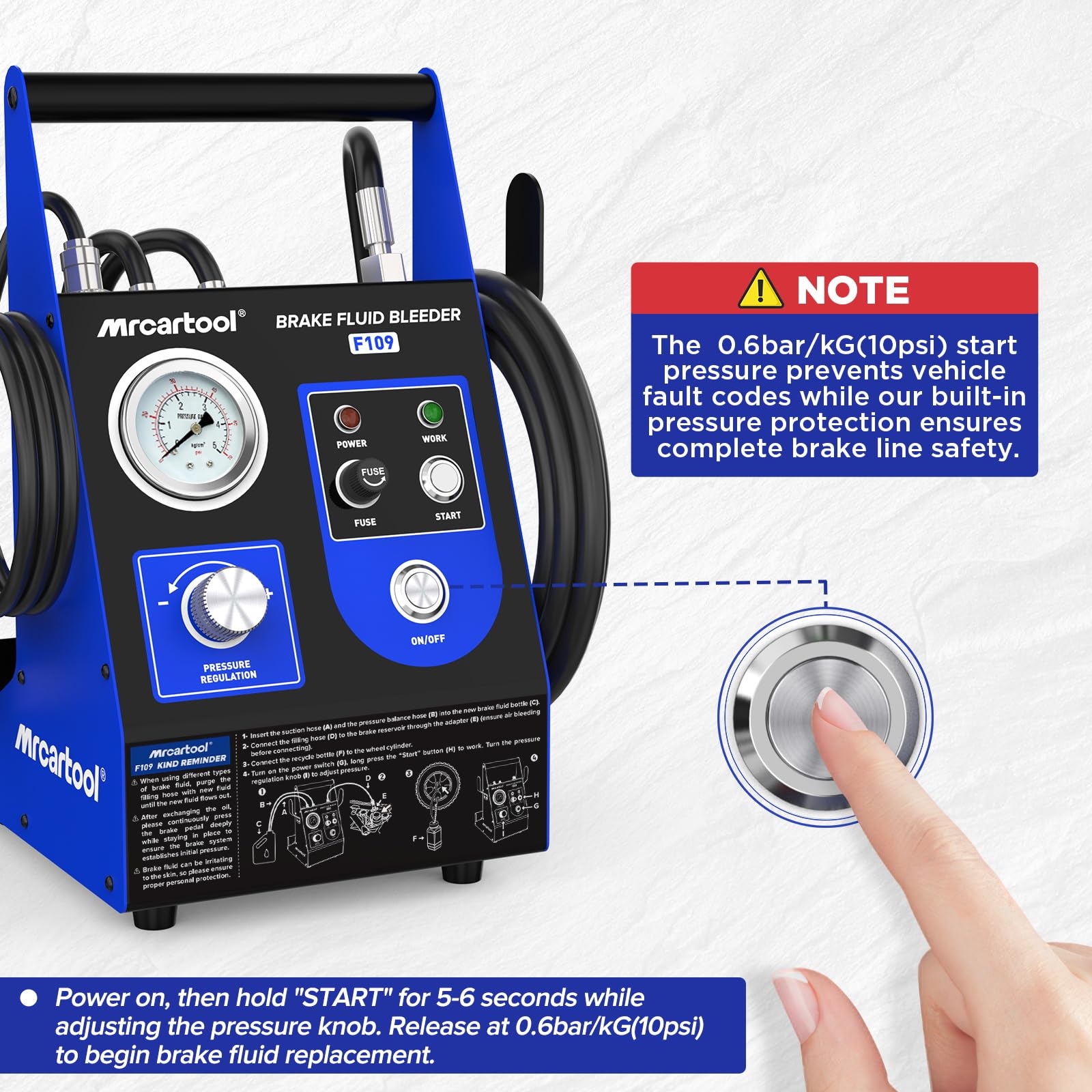 MRCARTOOL F109 Equipo de Purga de Frenos Automático Pulsante 220V para Automóvil, Kit Automático para Cambio de Líquido de Frenos con 3 Adaptador para Cilindro Maestro, Presión Ajustable 0.5~2.5Bar