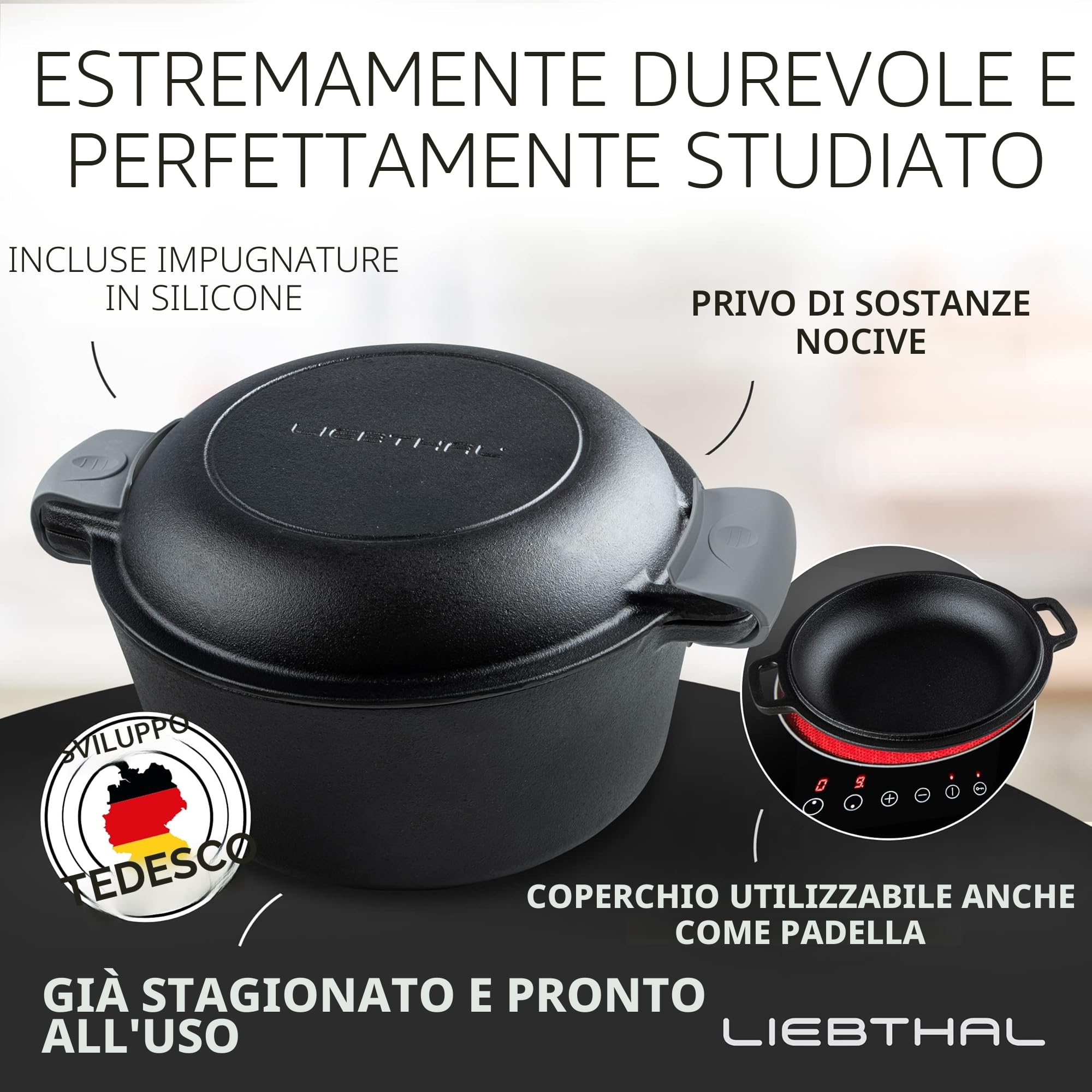 LIEBTHAL Pentola in Ghisa per Cuocere il Pane - Robusta Con Inserto in Silicone Antiaderente Su Misura - Stampo Con Coperchio 4,6 L - per Arrosto