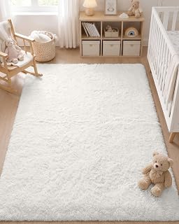 OLANLY 4x5 Machine Washable Accent Rug, Soft Fluffy Shaggy Area Rug for Bedroom, Living Room, Indoor Floor Carpet for Kids, Nursery, Home Decor, White