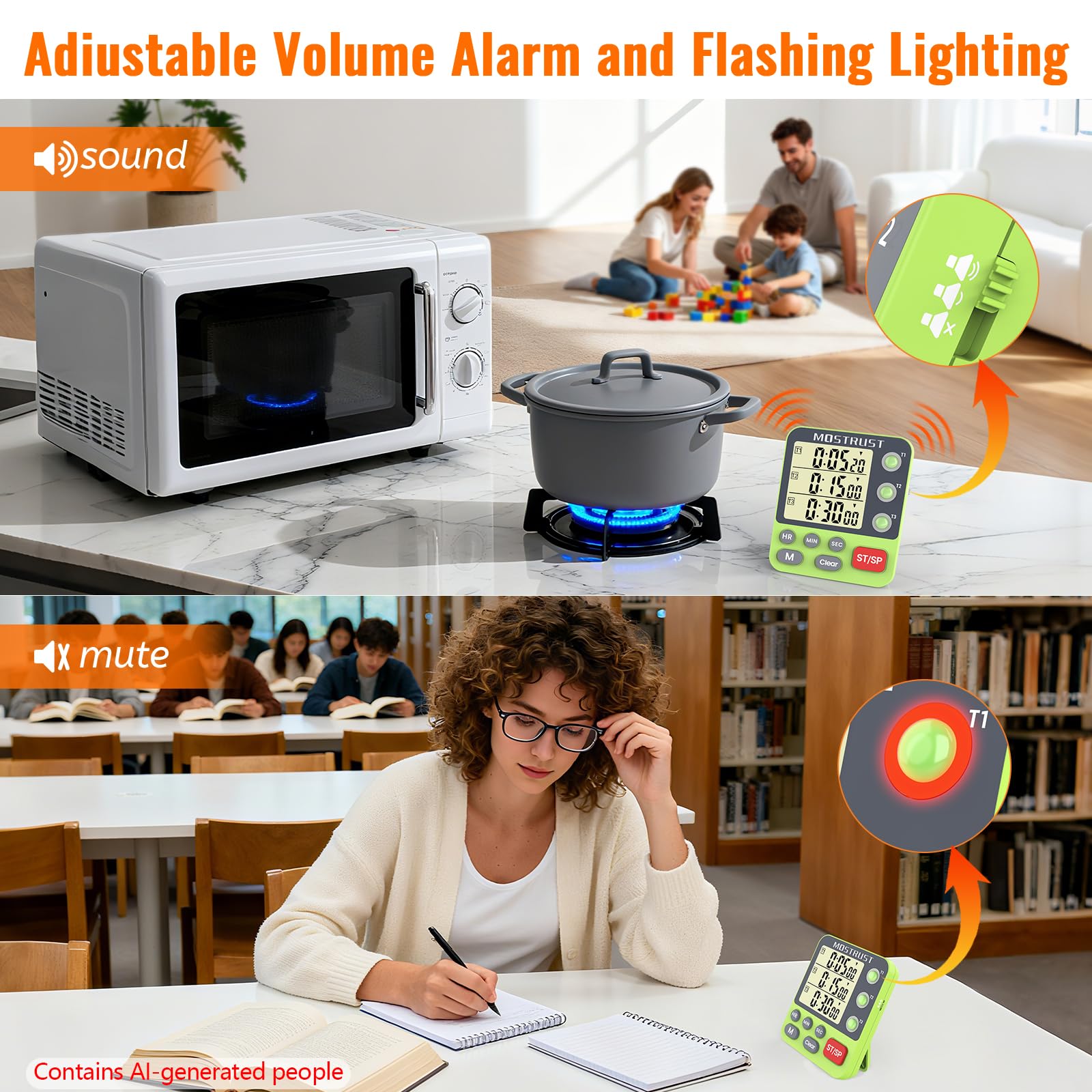 Minuteur numérique double de cuisine, compte à rebours à 3 canaux, grand écran triple mémoire, alarme de volume fort et lumière clignotante avec dos magnétique, support, batterie incluse,