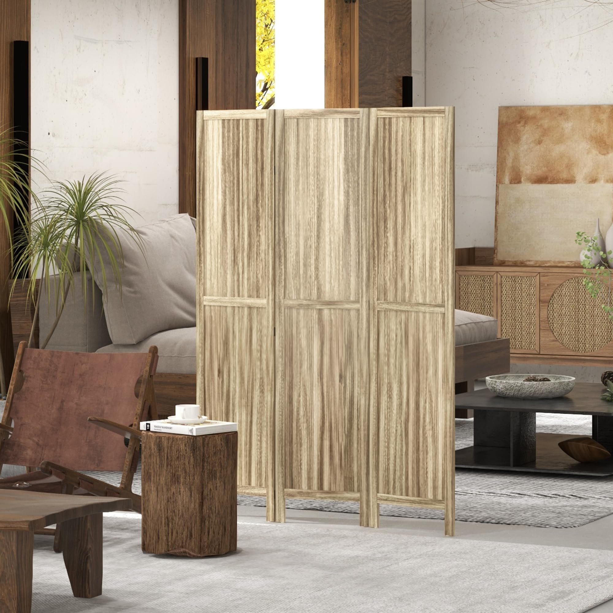 HOMCOM Paravent Pliable 3 Panneaux 120 x 170 cm Bois Paulownia Naturel | Séparateur de Pièce, Cloison de Séparation, Paravent Intérieur