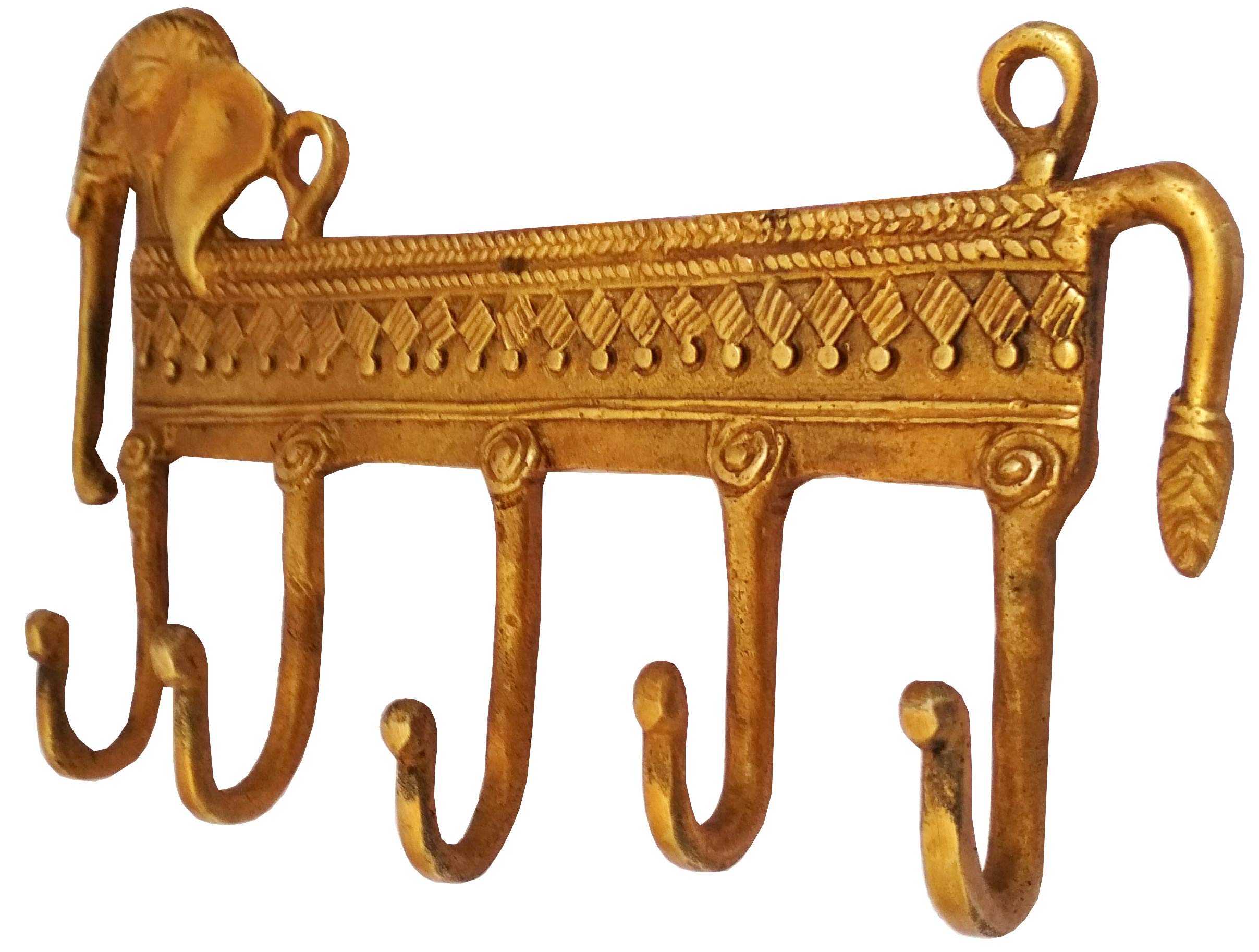 Purpledip Brass Wall Hook 'Regal Elephants': Vintage Design Coat Clothes Hanger (11735)