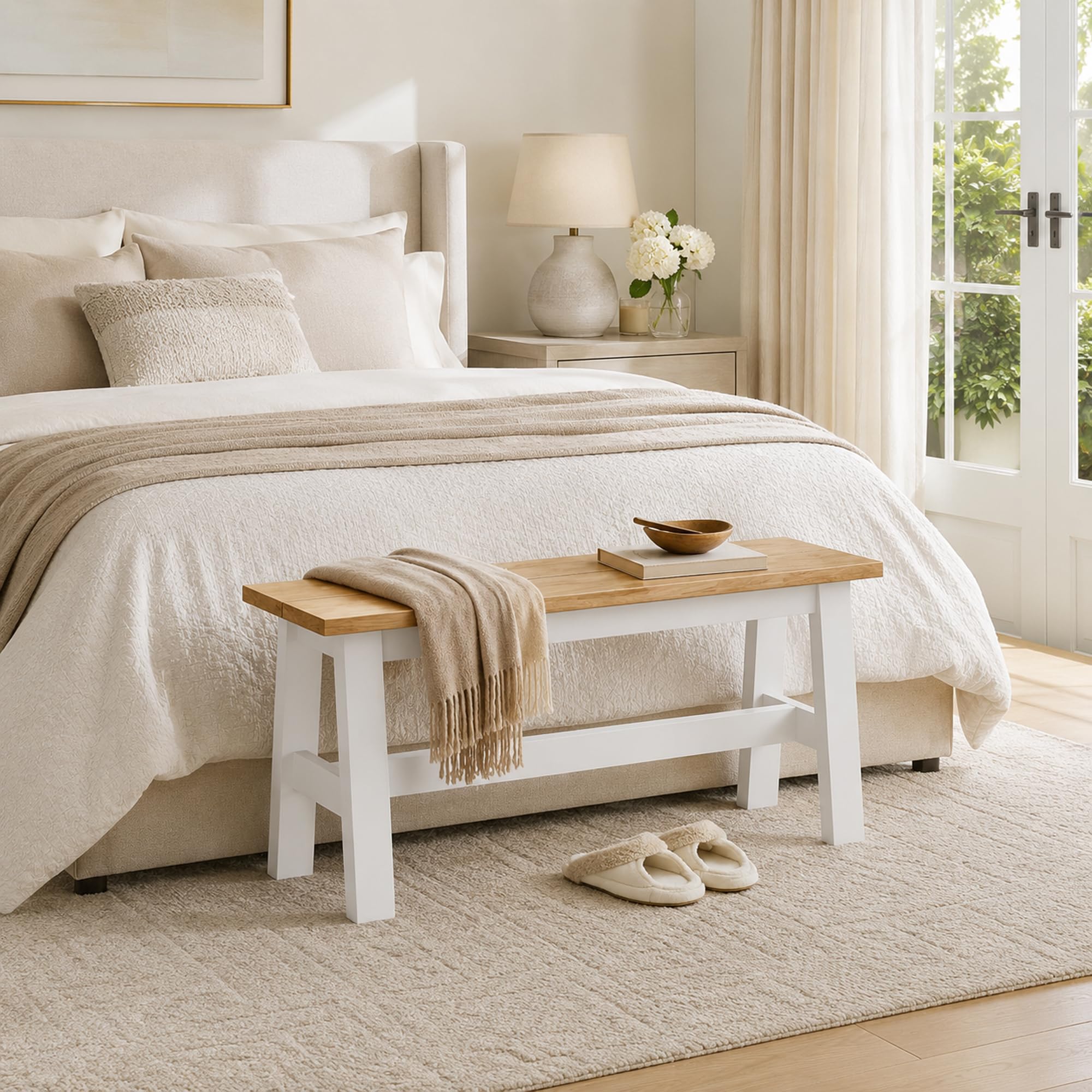 HOMCOM Sitzbank für Esszimmertisch Küchenbank aus Kautschukholz Holzbank mit Landlaus-Stil Essbank für Esszimmer, Eingang, Schlafzimmer, bis 240 kg, 95 x 30 x 45 cm, Eiche