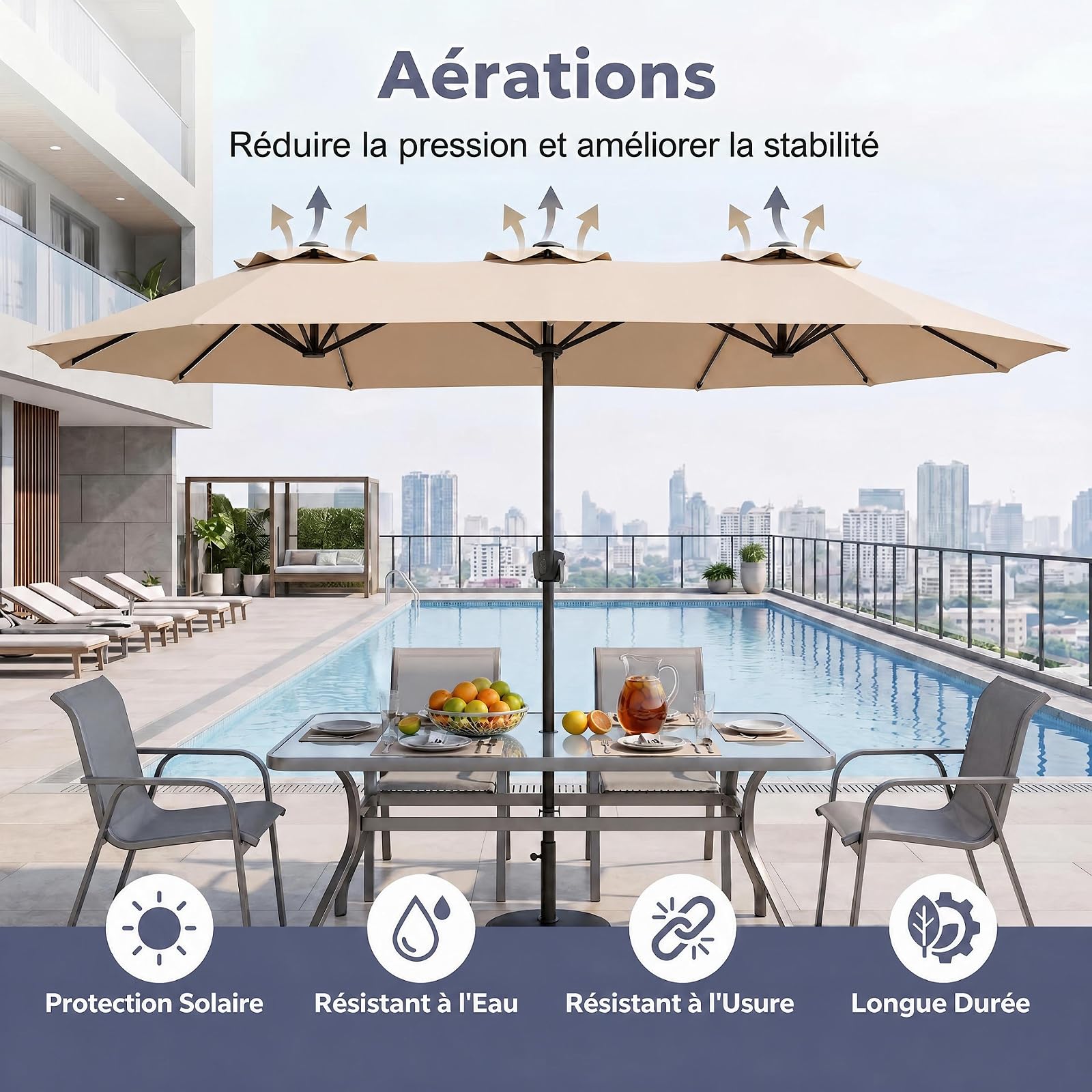 RELAX4LIFE Grand Parasol Double avec LED Multicolore, Parasol de Jardin Extérieur 4M, 12 Baleines, Manivelle, Mât en Métal Revêtu, Polyester Résistant, Abri Solaire pour Terrasse Événement (Beige)