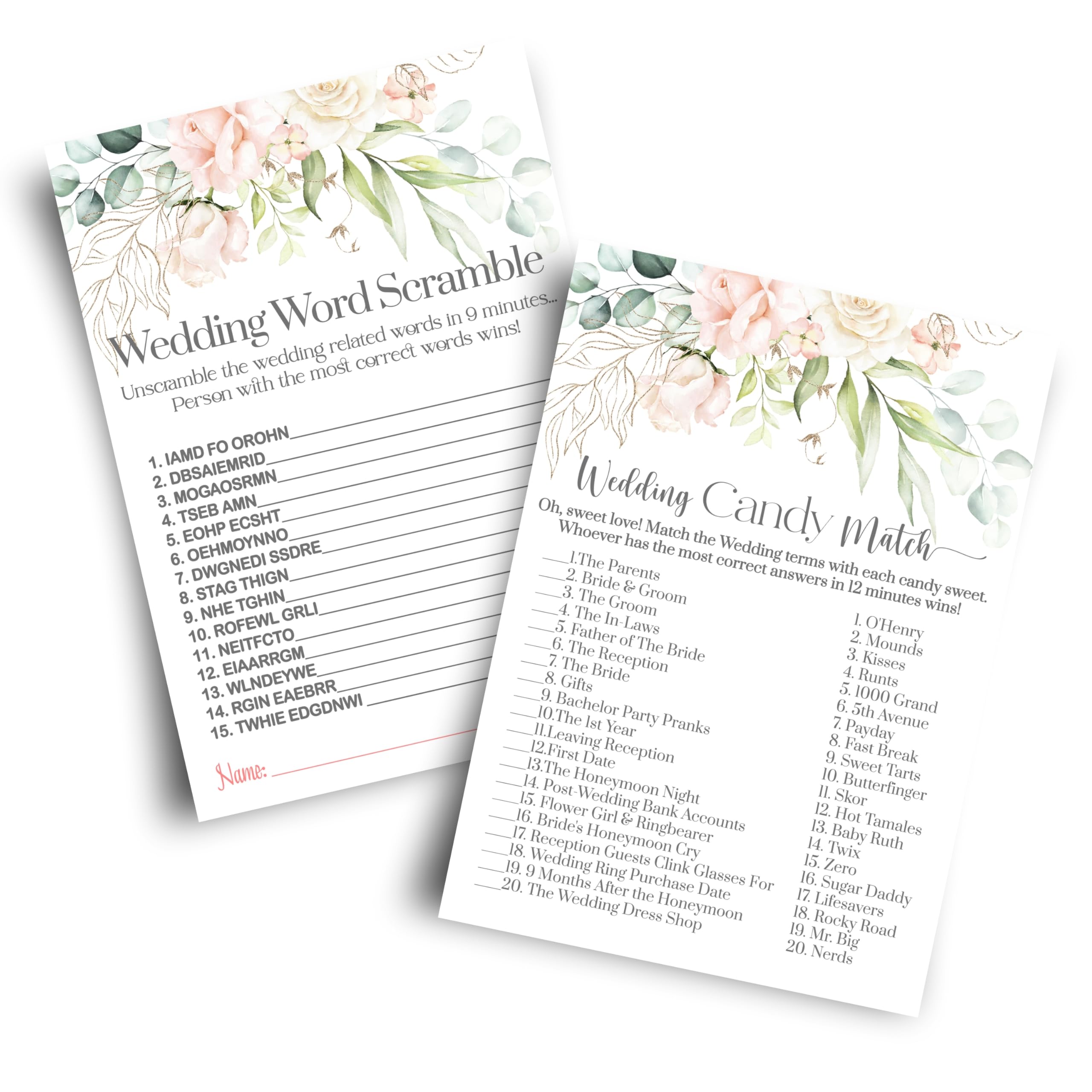 Blush Blooms Bridal Shower Games Bundle - 25 Each Wedding Word Scramble & Guess the Candies - Fun Activities for Engagement Party & Rehearsal Dinner -