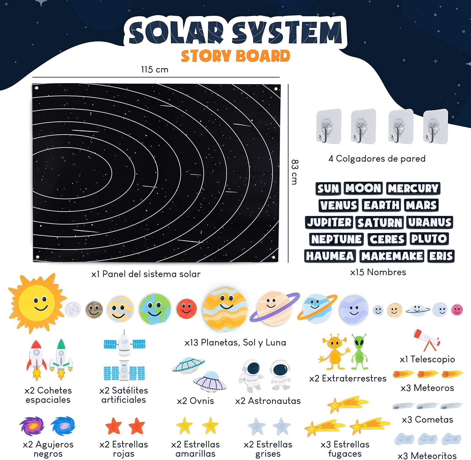BONNYCO Sistema Solar para Niños con 61 Figuras Fieltro. Planetas Sistema Solar para Niños, Juguetes Montessori 3 4 5 6 7 8 Años. Juegos Educativos, Regalos Infantiles Planetario Cumpleaños Navidad - 2