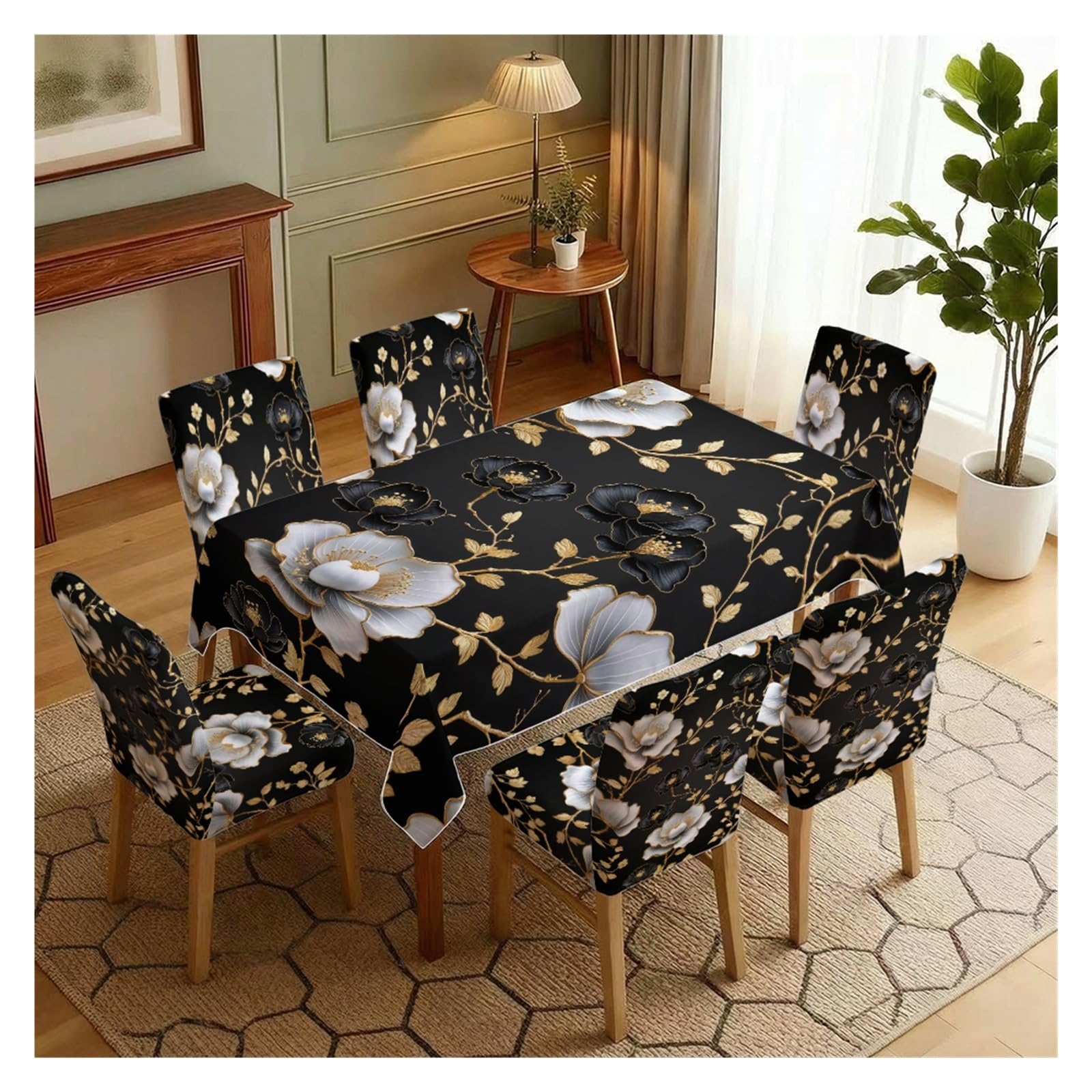 KXUAUV Stretch Dining Chair Slipcovers And Tablecloth Set, Black Background Luxury Gold White Floral Print, 5/7 Pack For Dining Room Kitchen Home Decor Party Decor(7pcs Set: Tablecloth+Chair Covers)