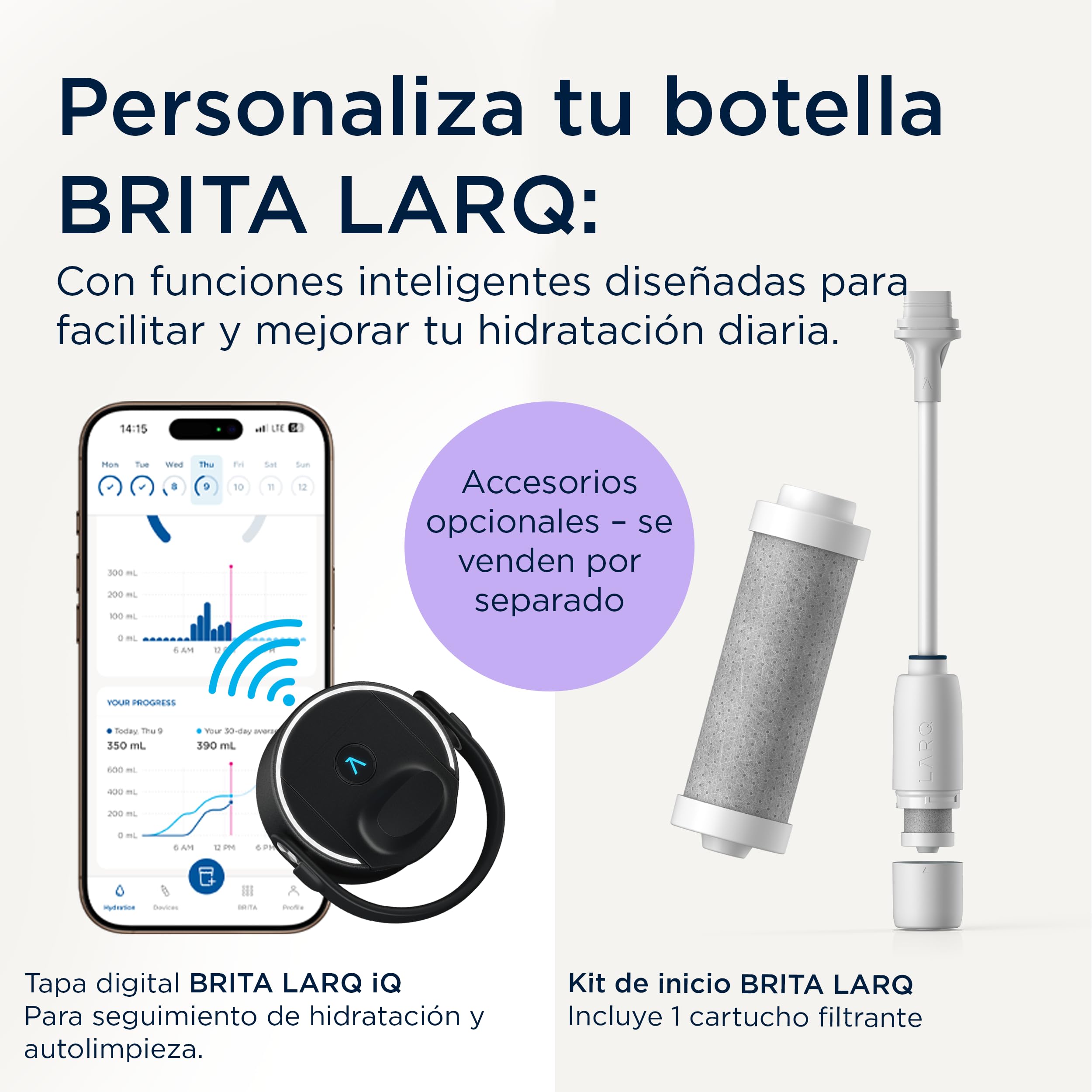 BRITA LARQ Essential botella con pajita Blanco 1000 ml. Botella de agua de acero inoxidable, con aislamiento de doble pared (hasta 24 h de frío), asa soft‑touch extraíble y apta para lavavajillas