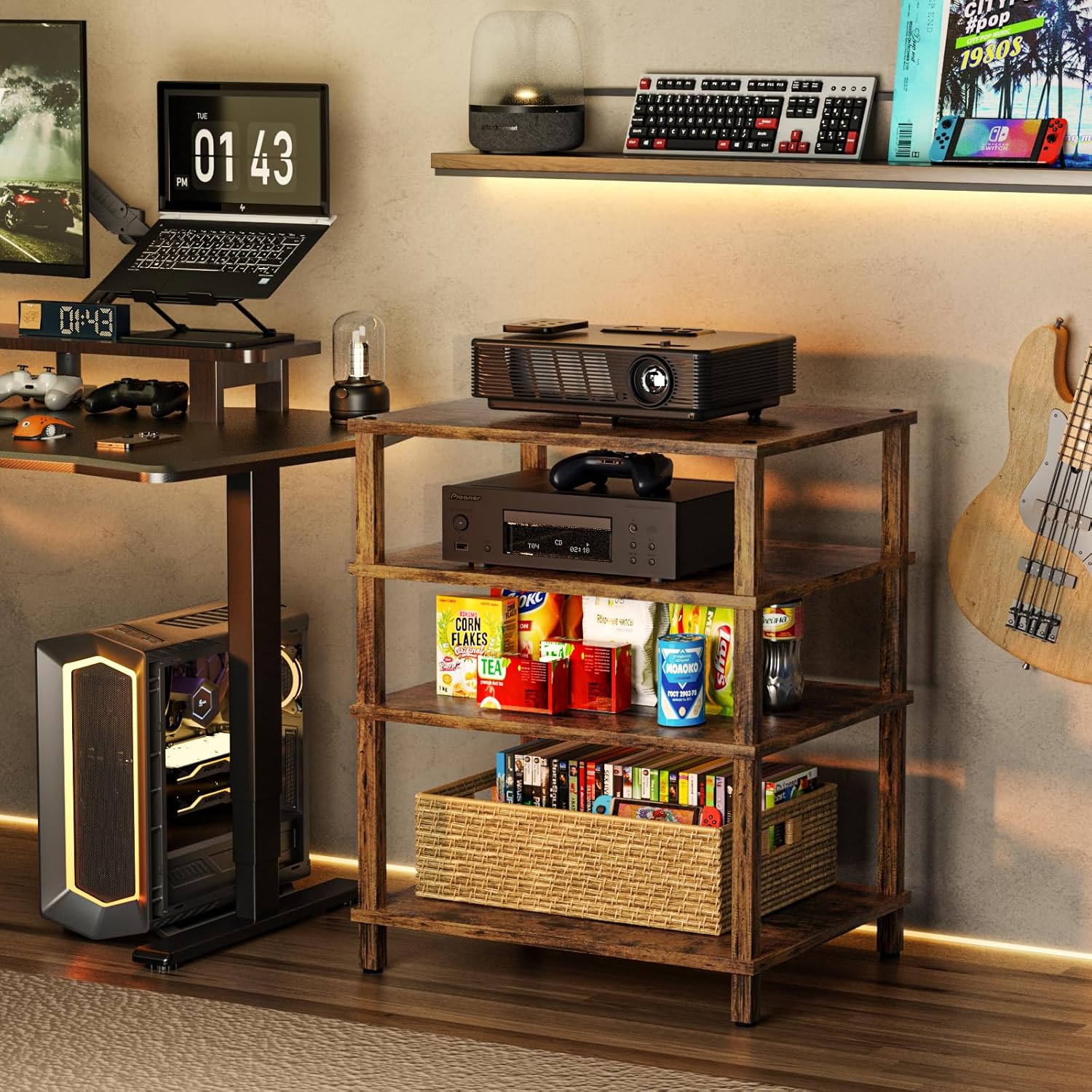 LELELINKY 4-Tier AV Media Player Stand, Brown Stereo Cabinet, Modern Stereo Cabinet, Wooden TV Stand,Game Console Shelf, Multifunctional Entertainment Center, Suitable for Home, Conference Room